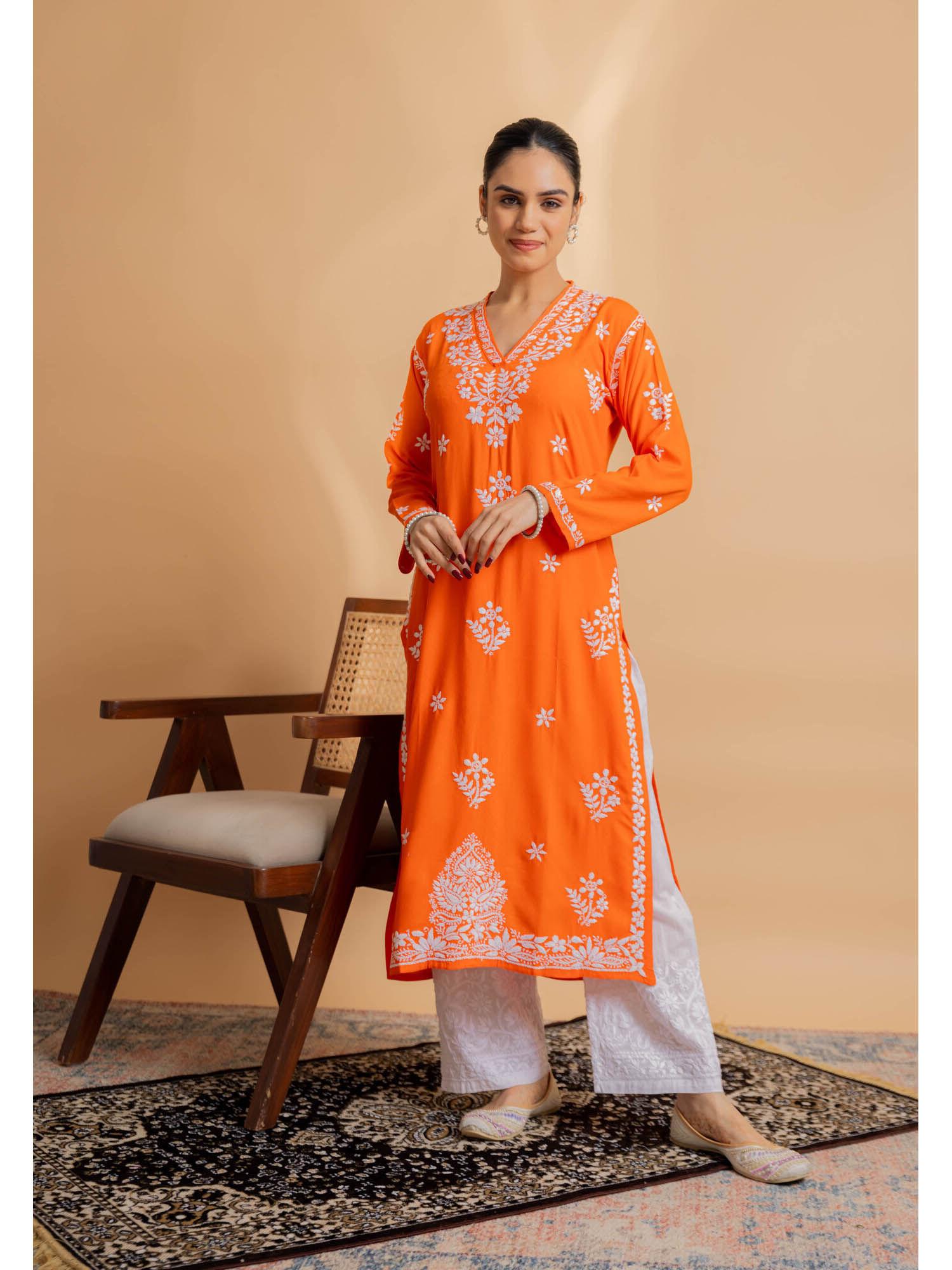 cotton blossom chikankari v-neck kurta - orange