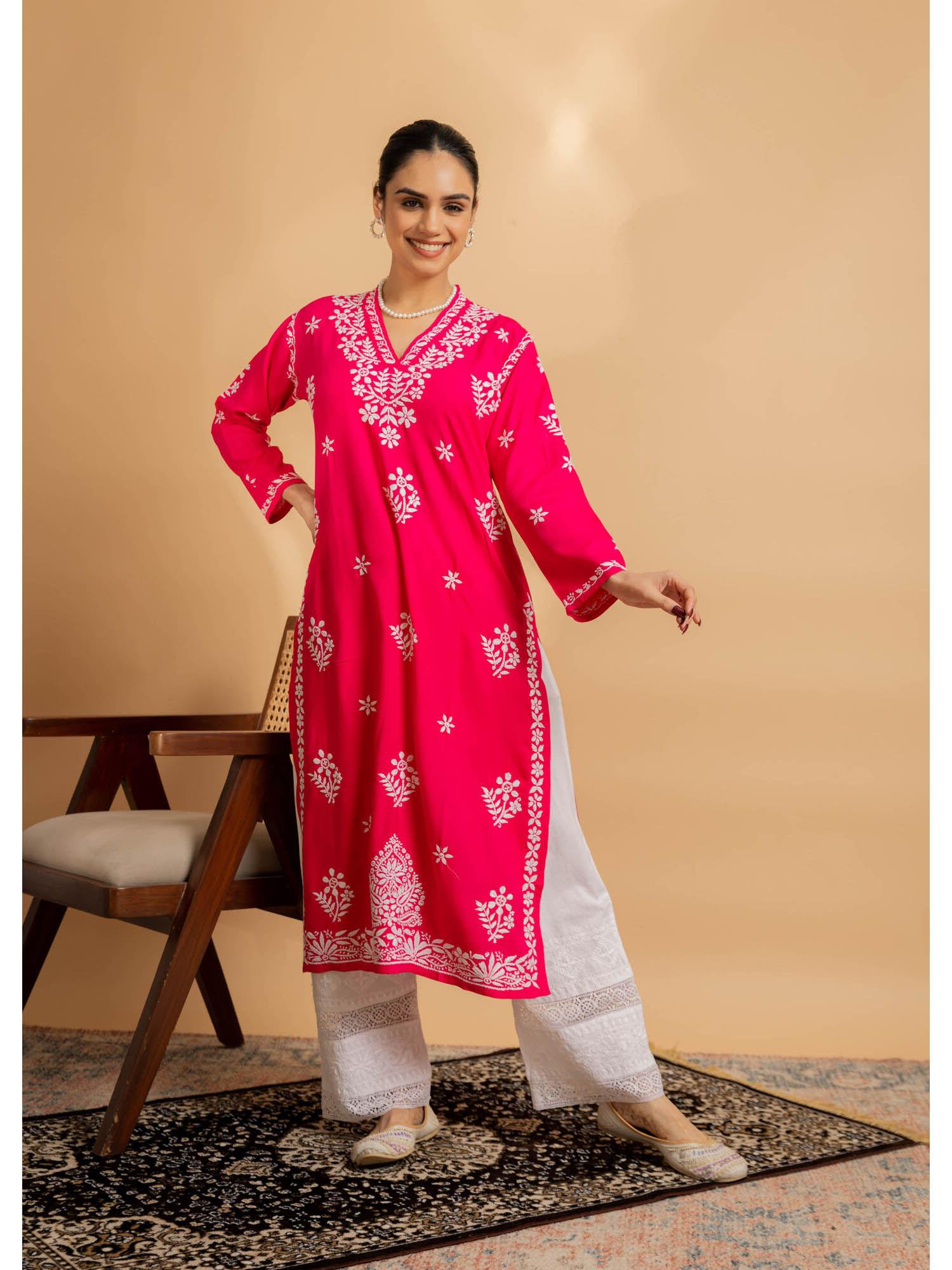 cotton blossom chikankari v-neck kurta - pink