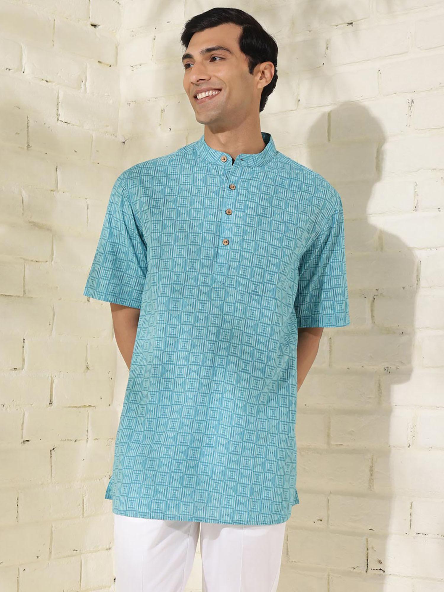 cotton blue bagru print mandarin neck half sleeves regular fit men kurta