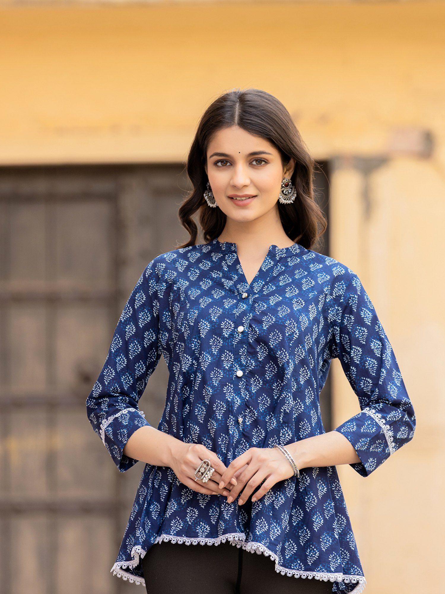 cotton blue flared longline kurti