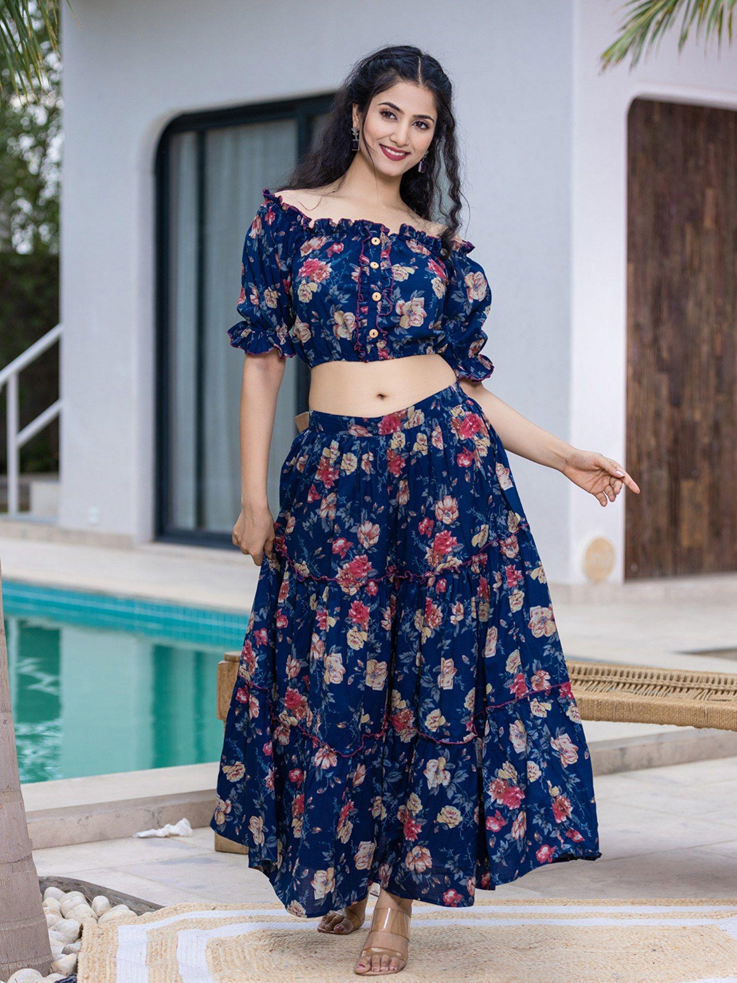 cotton blue floral crop top & skirt (set of 2)