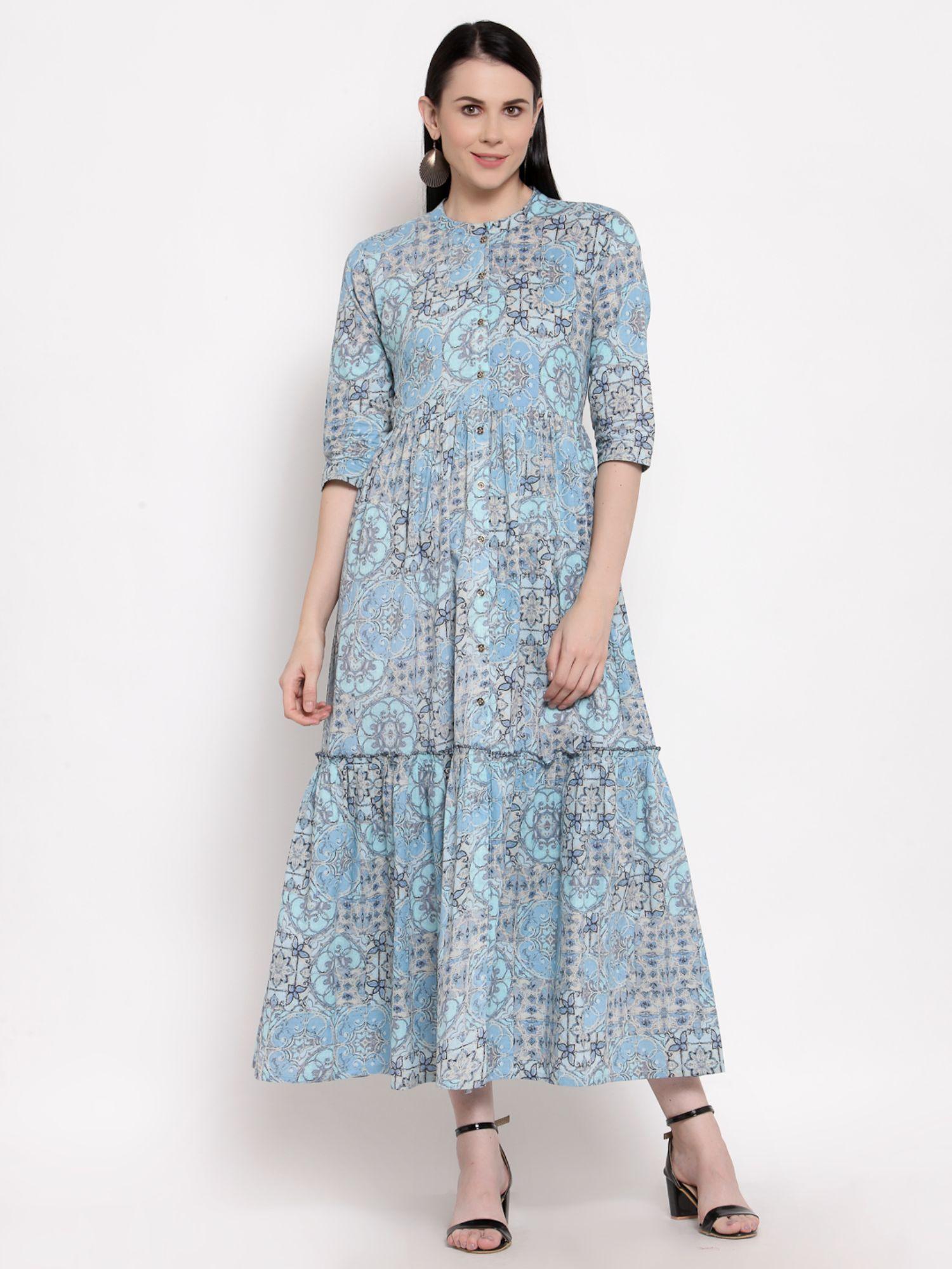 cotton blue floral print a-line dress