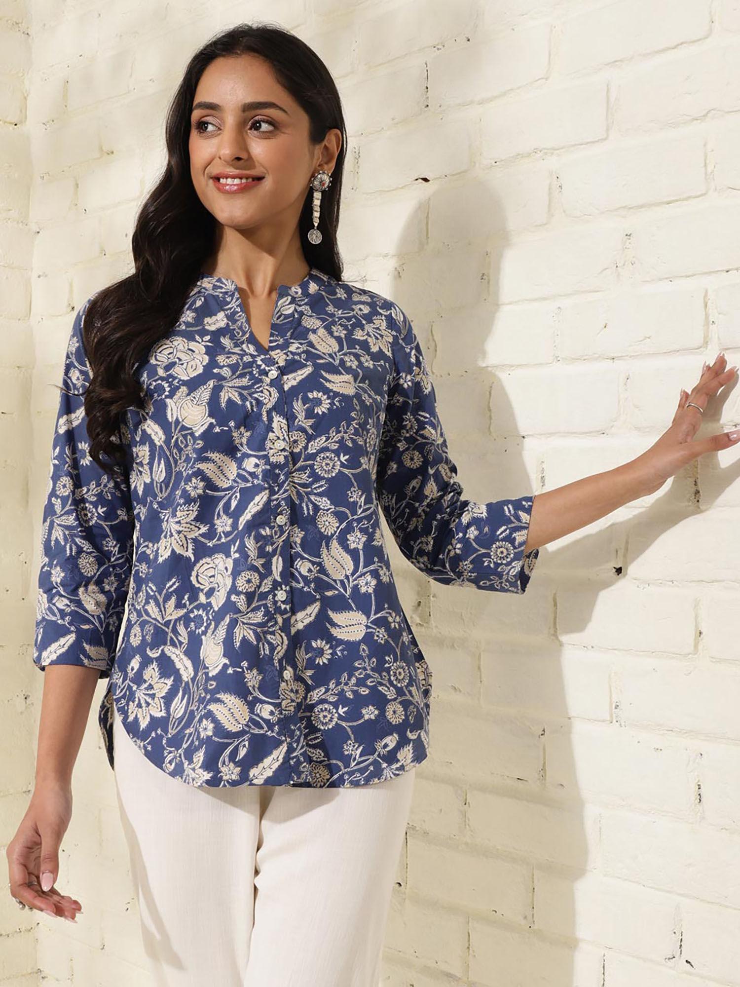 cotton blue floral print mandarin neck shirt