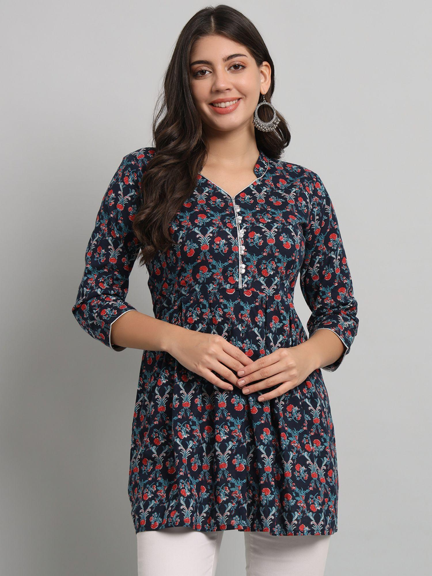 cotton blue ikat printed short kurti with silver shimmer button embellishment