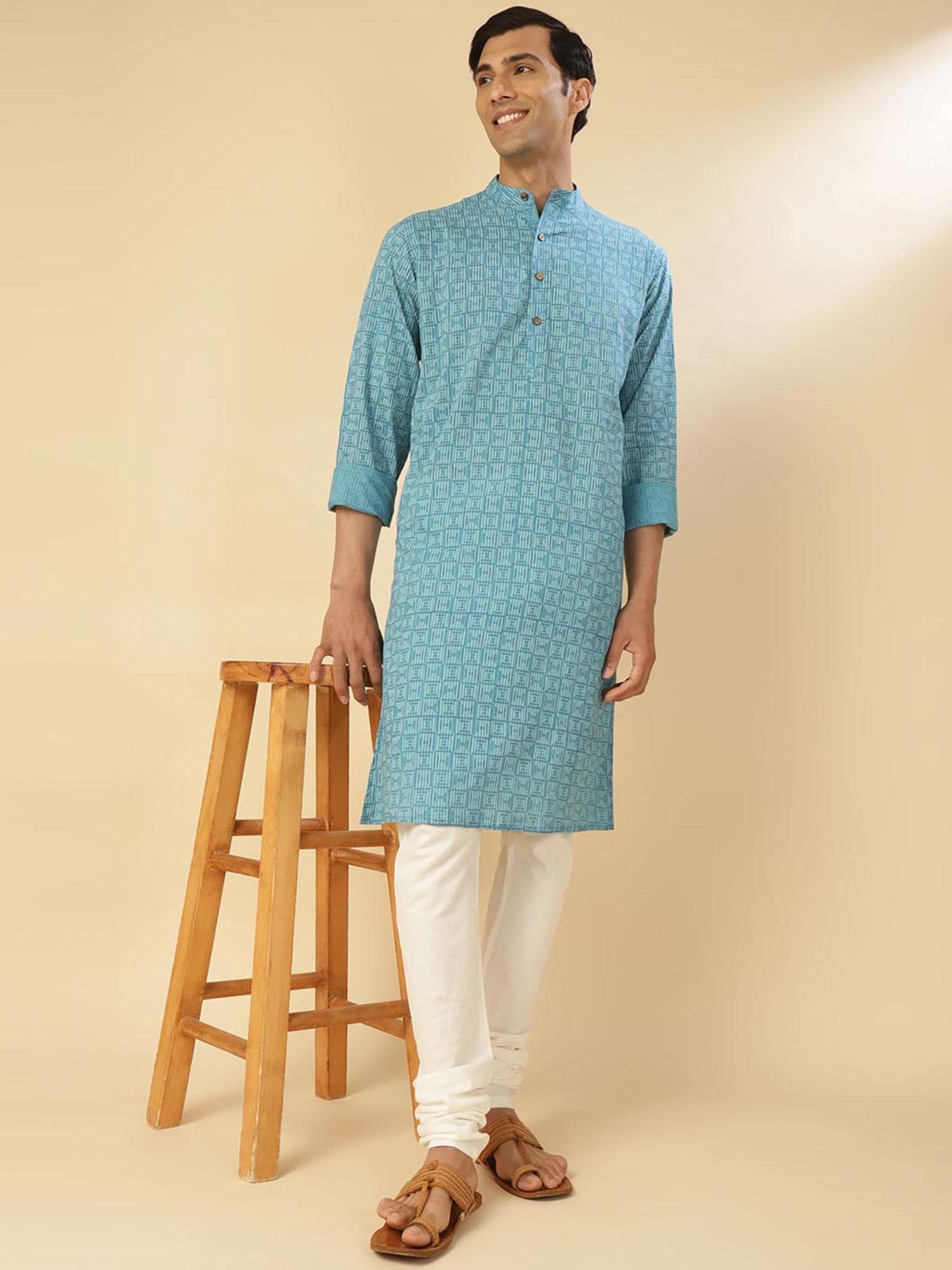 cotton blue printed mandarin neck full sleeves slim fit men kurta