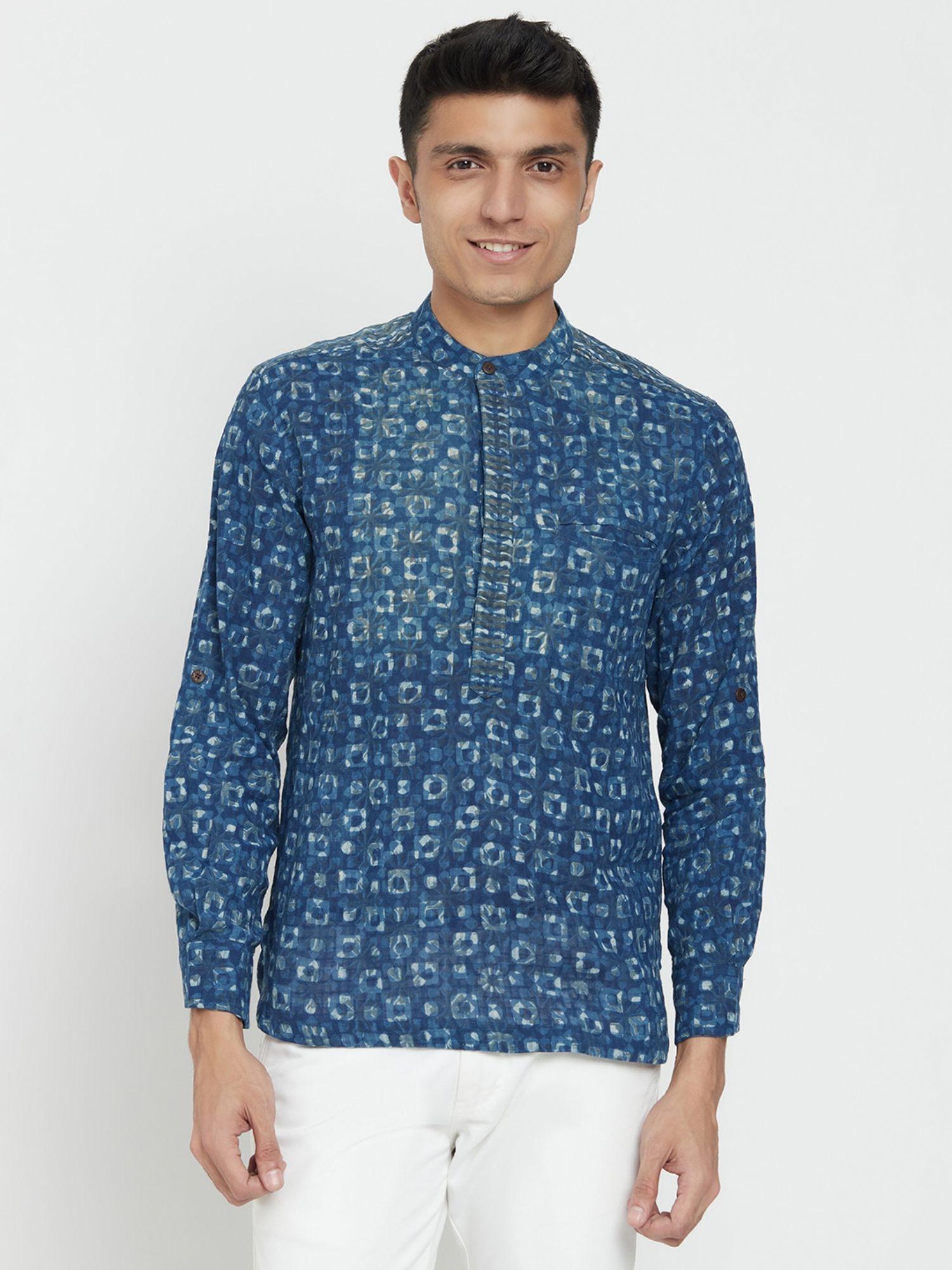 cotton blue printed men short kurta