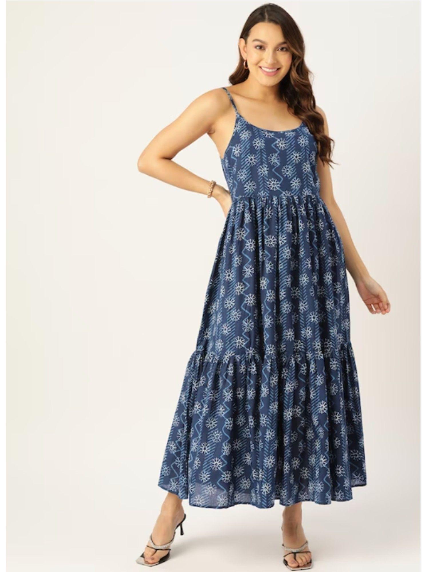 cotton blue printed round neck shoulder straps women dresses