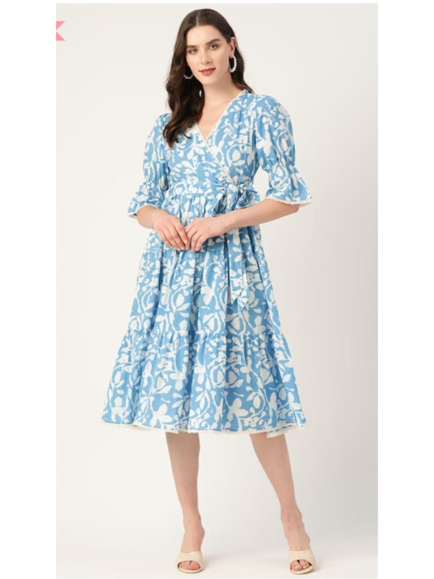 cotton blue printed v-neck half sleeves women dresses