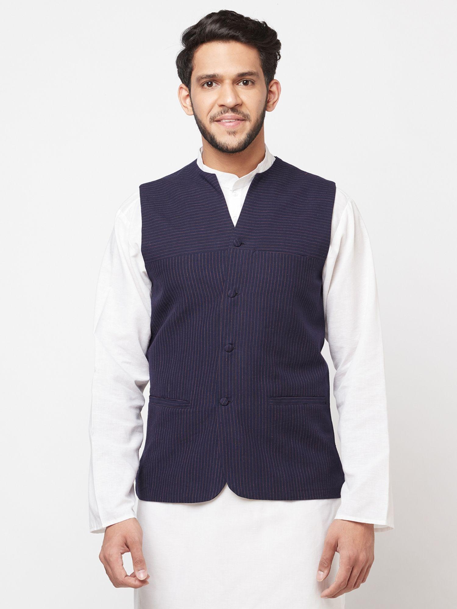 cotton blue striped men nehru jacket