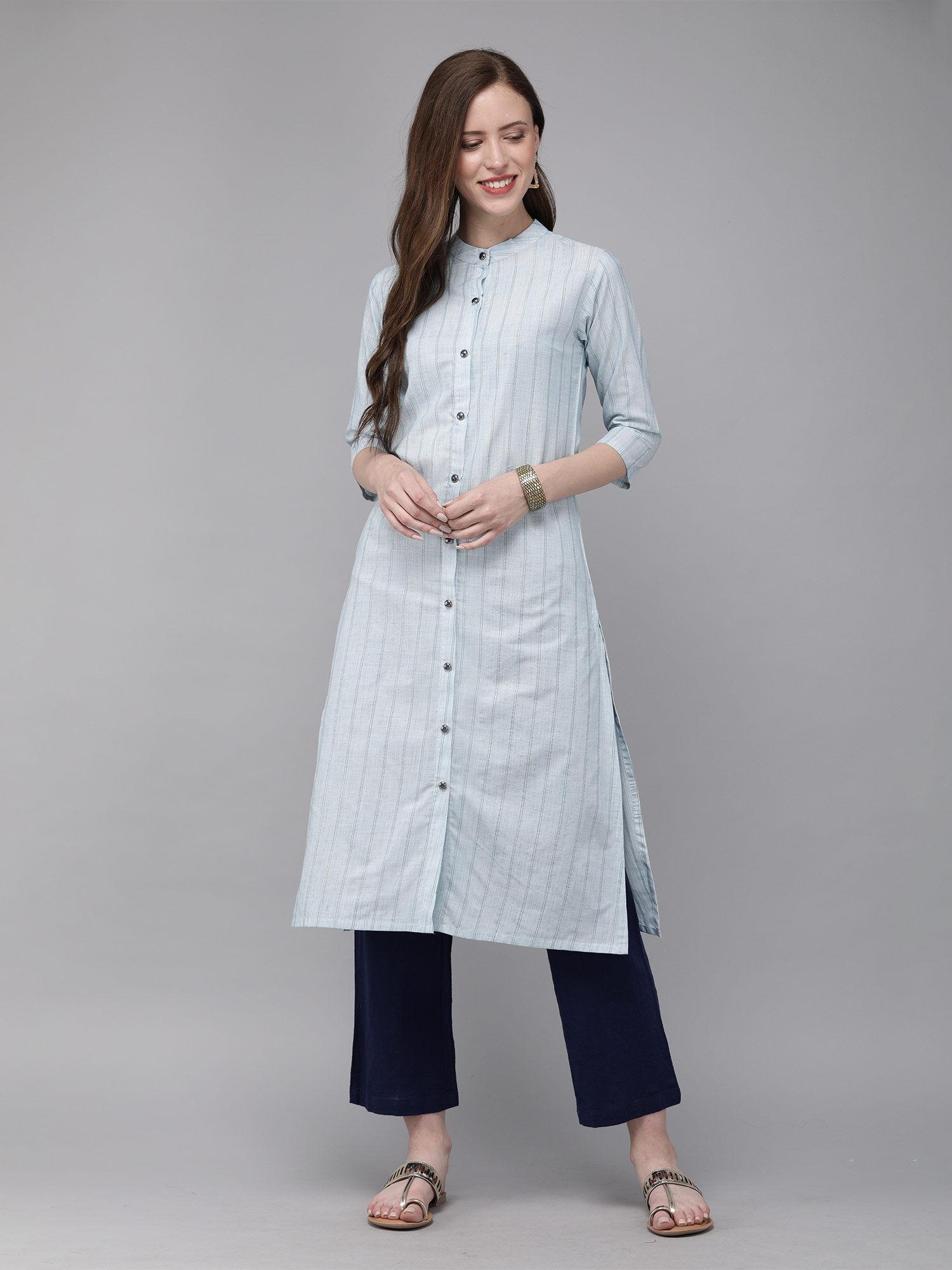 cotton blue striped straight casual kurta