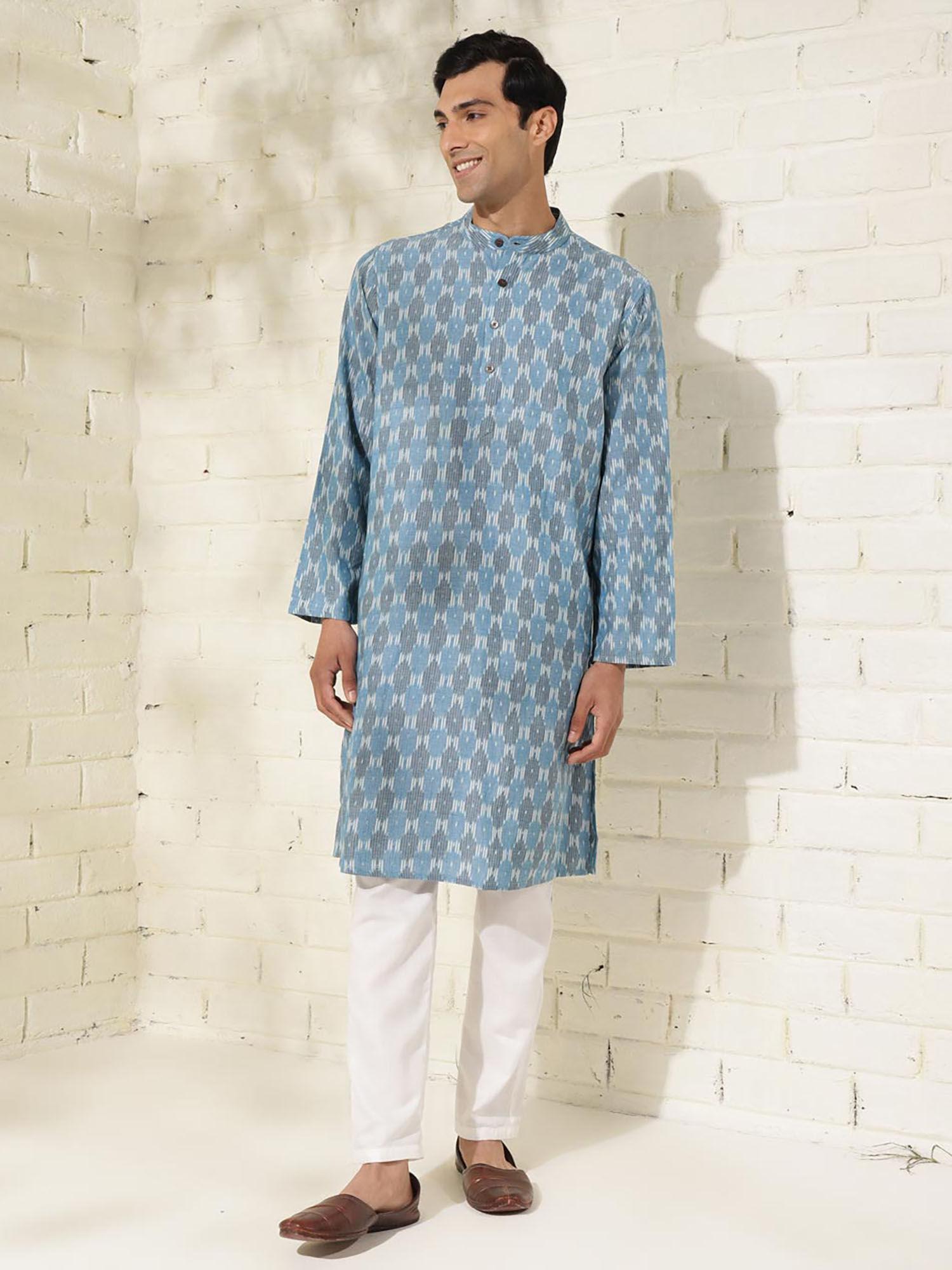 cotton blue woven ikat mandarin neck full sleeves comfort fit men kurta