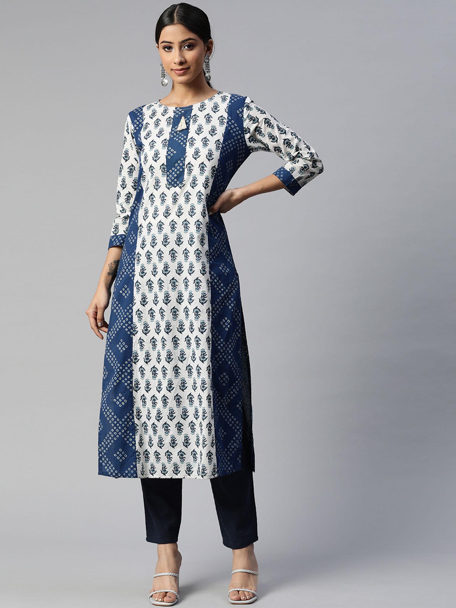 cotton booti bandhej print straight kurta blue,white