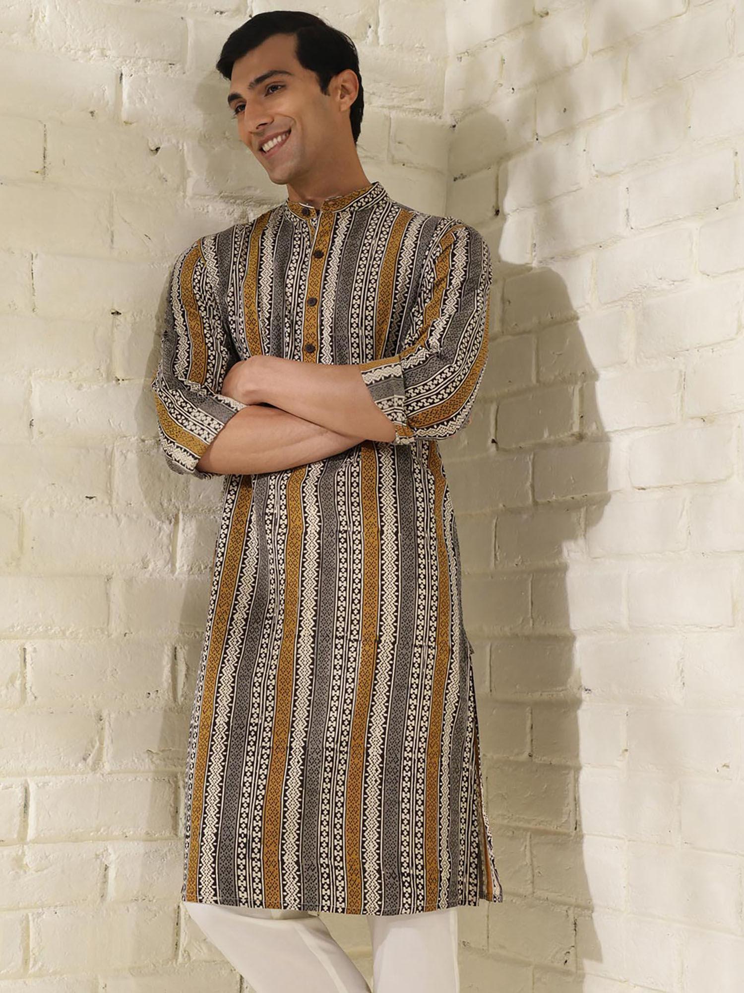 cotton brown bagru print mandarin neck full sleeves slim fit men kurta