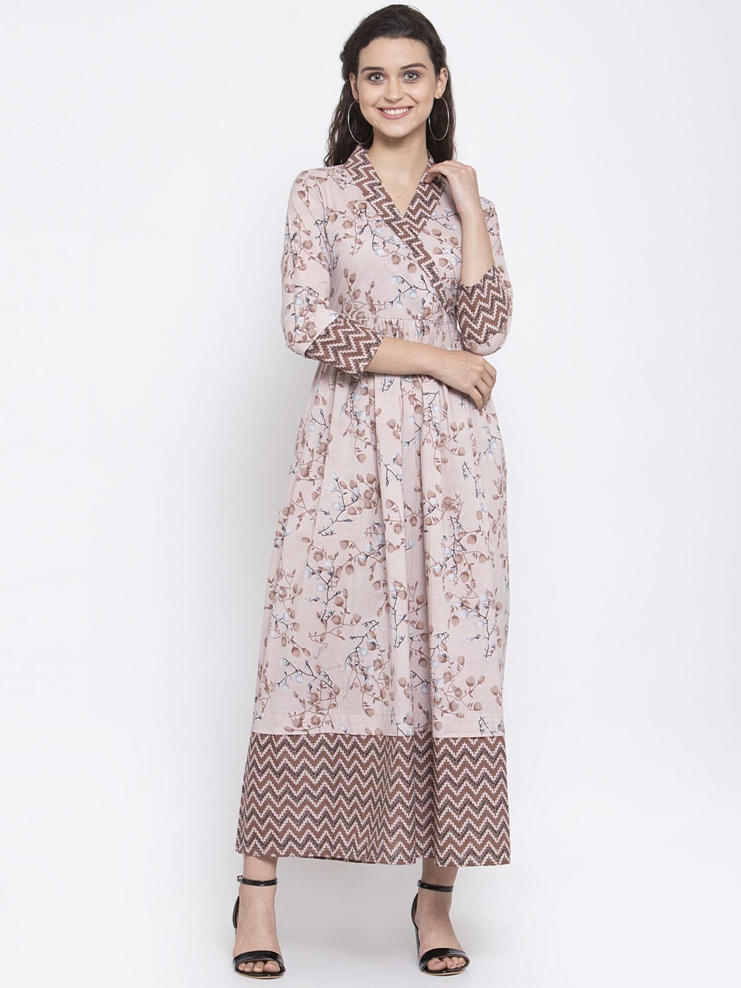 cotton brown floral print a-line dress