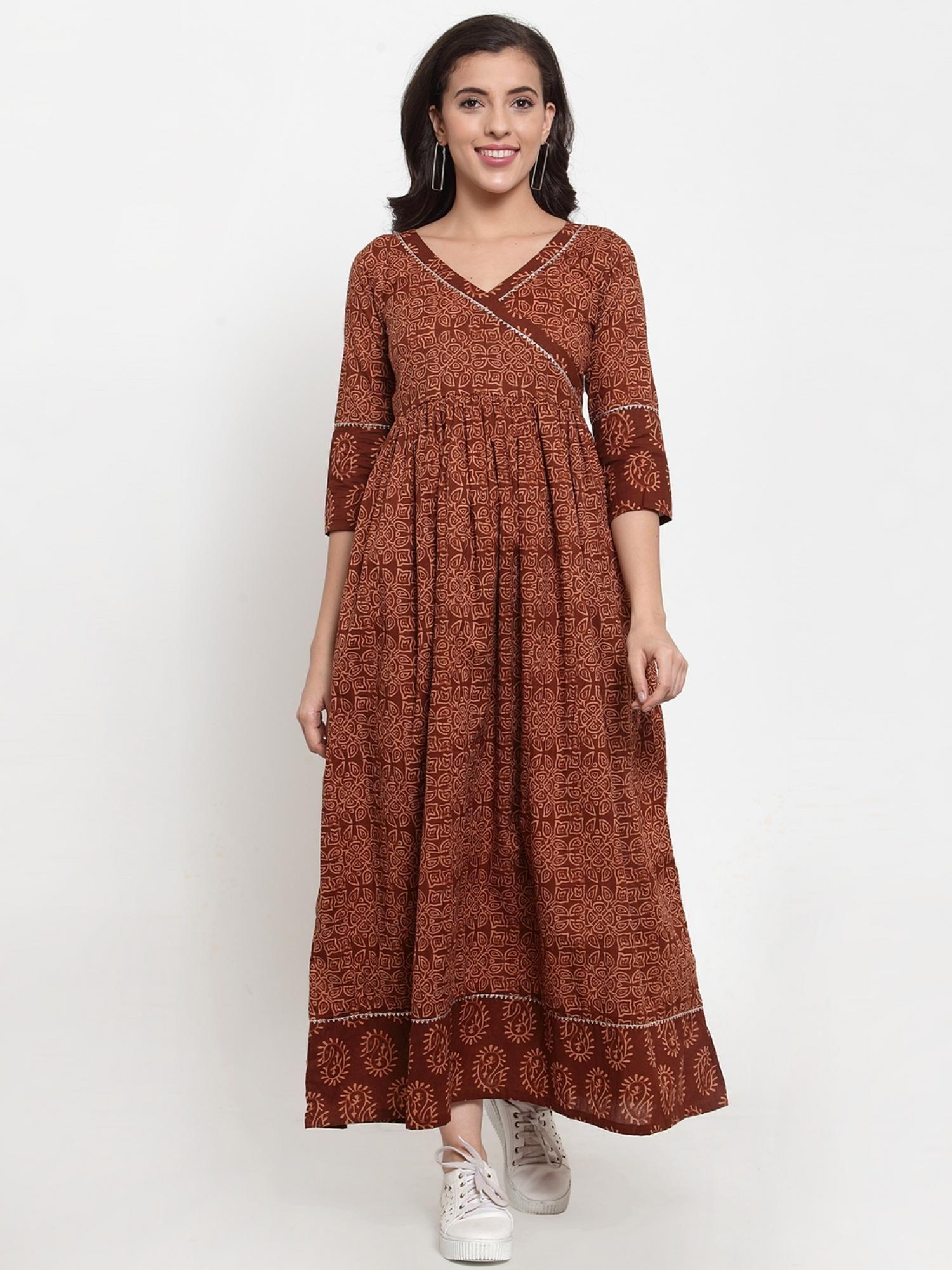 cotton brown floral print a-line dress