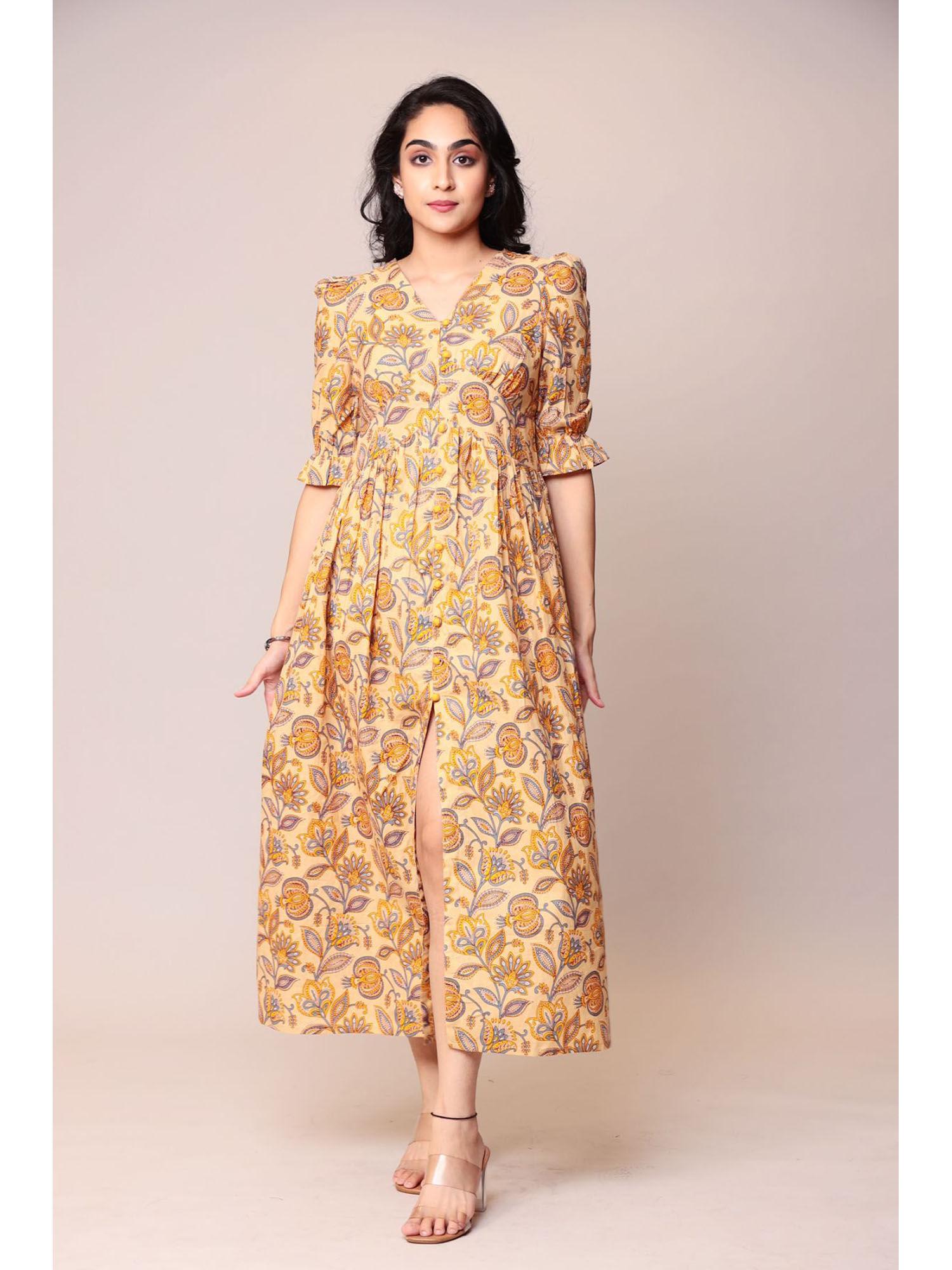 cotton brown floral print dress