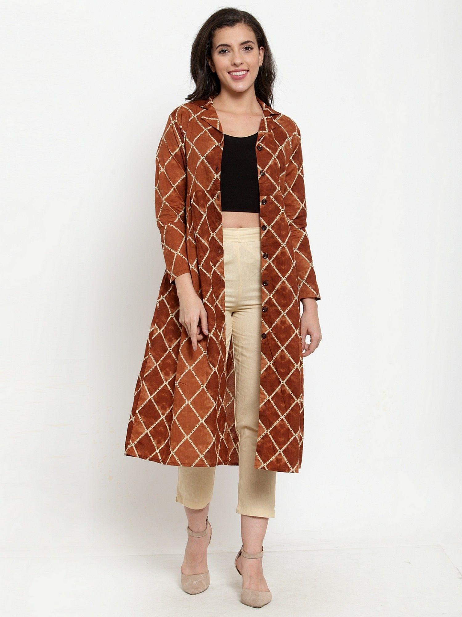 cotton brown geometric print a-line shrug