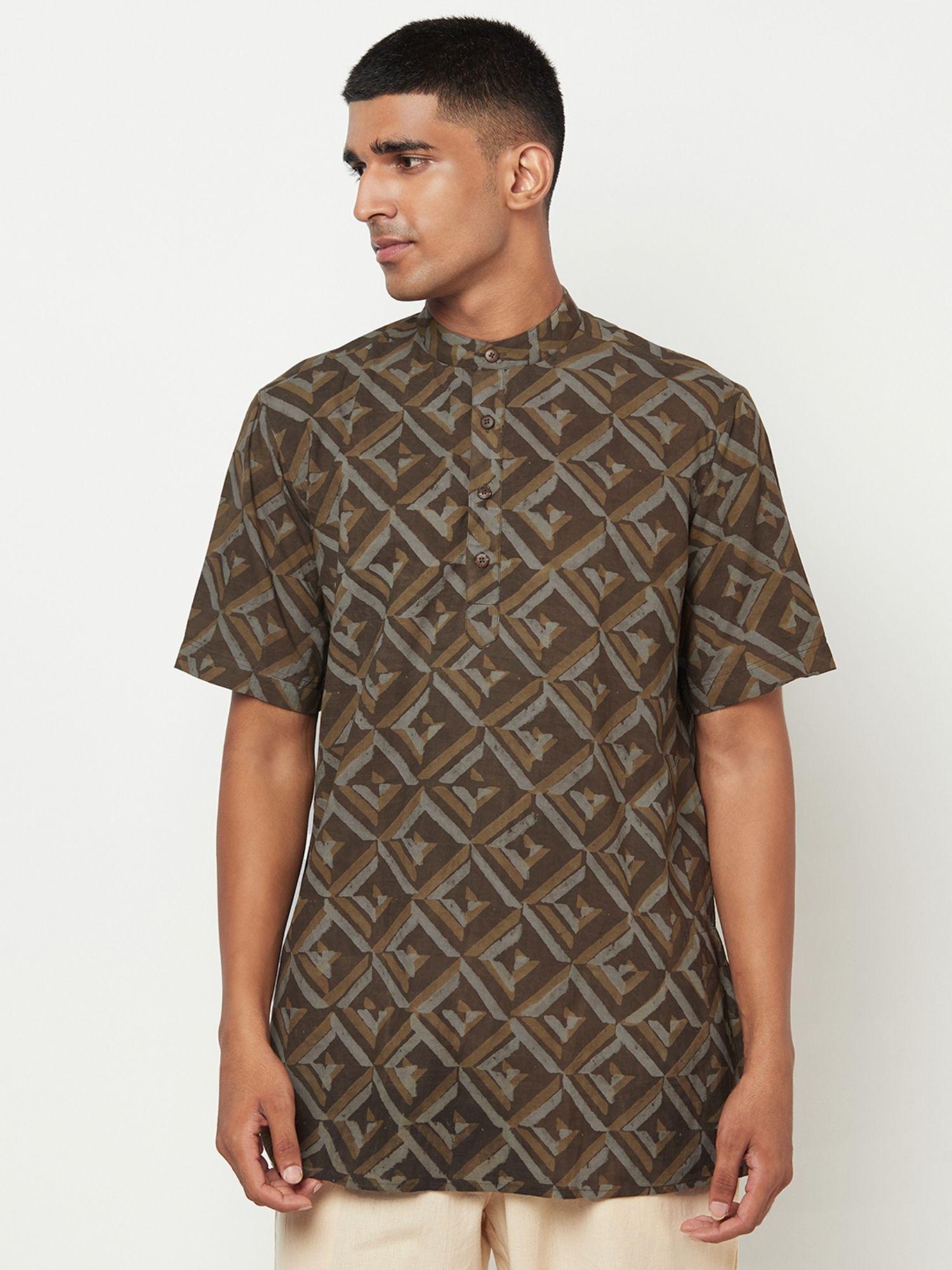 cotton brown printed men short kurta