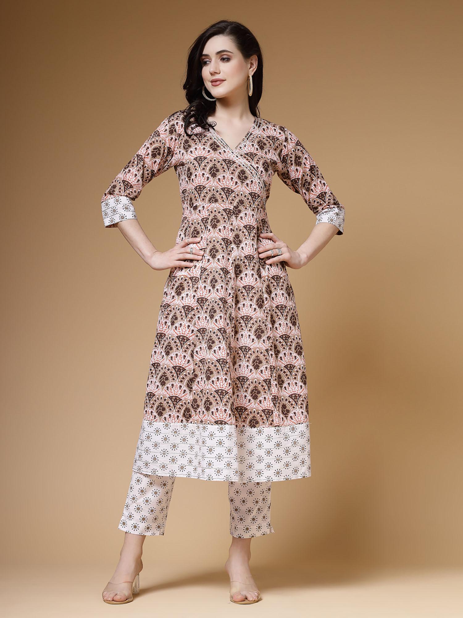 cotton brown white floral print a-line kurta