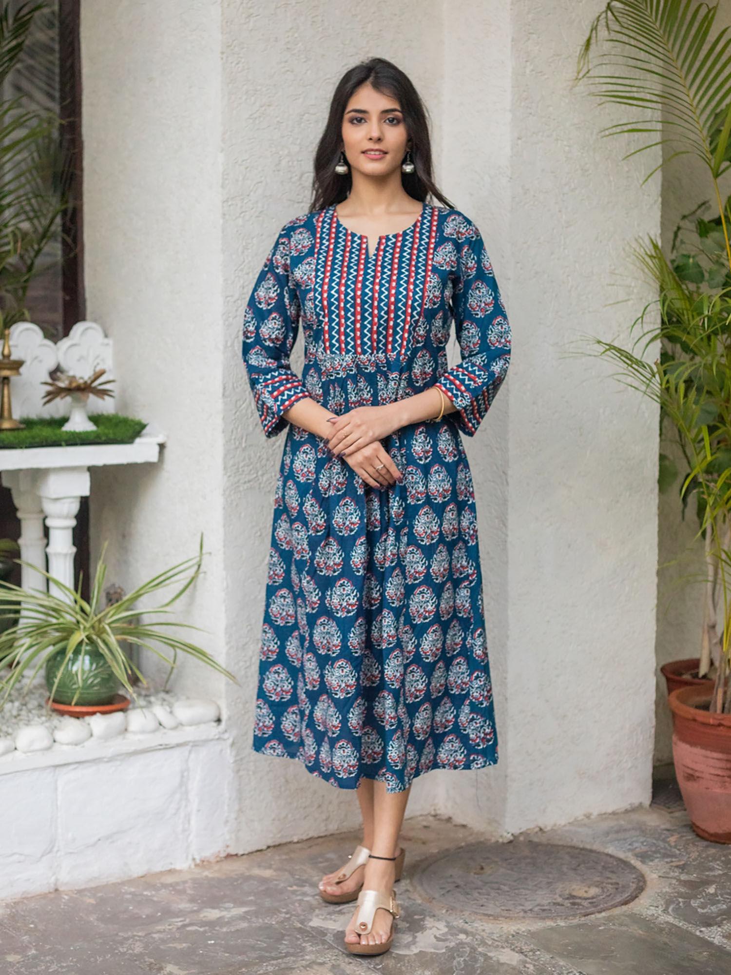 cotton buti print anarkali dress-blue