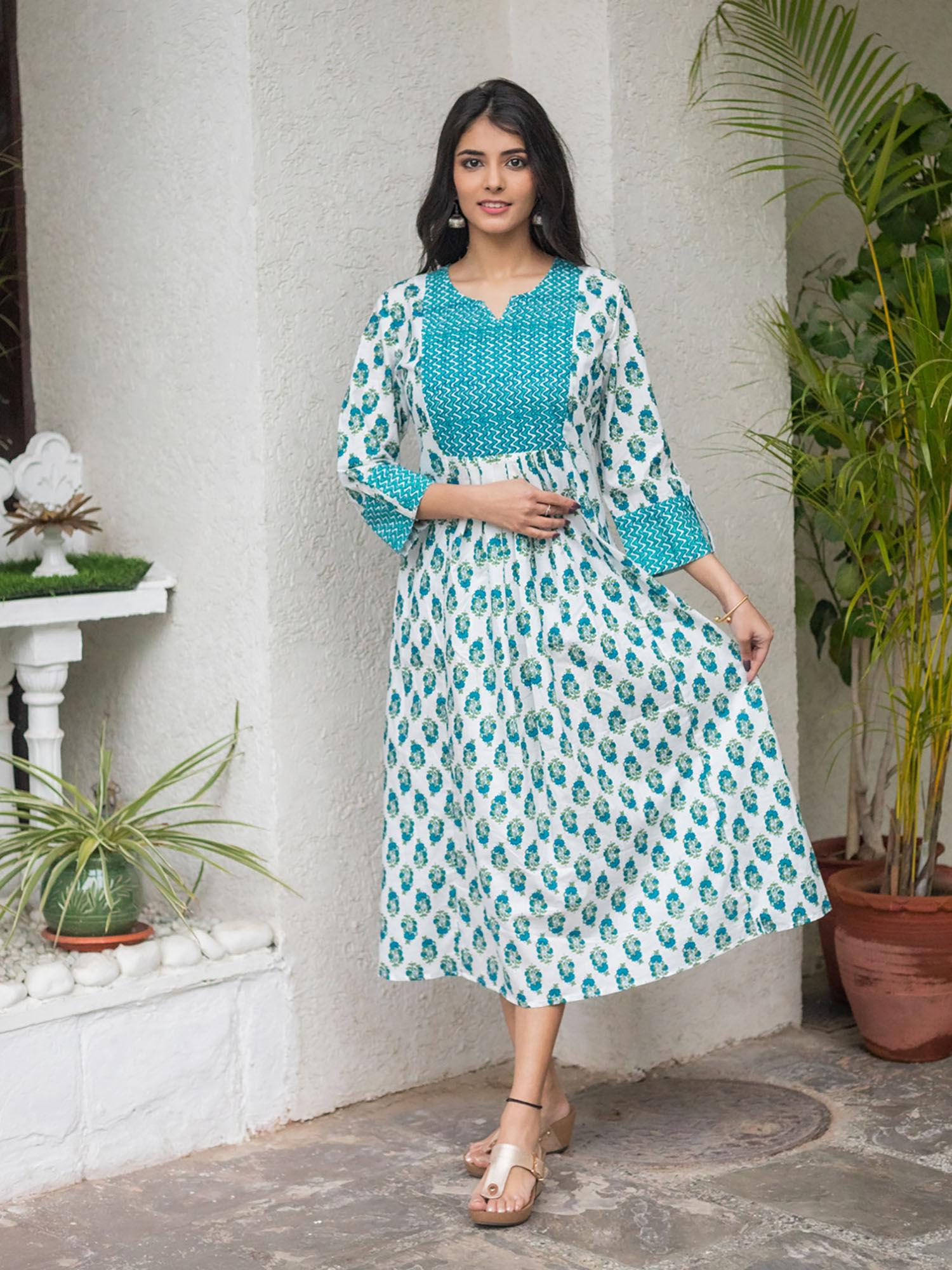 cotton buti print anarkali dress-white