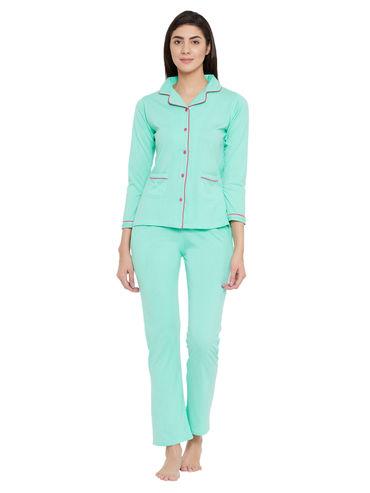 cotton button down shirt & pyjama set - green