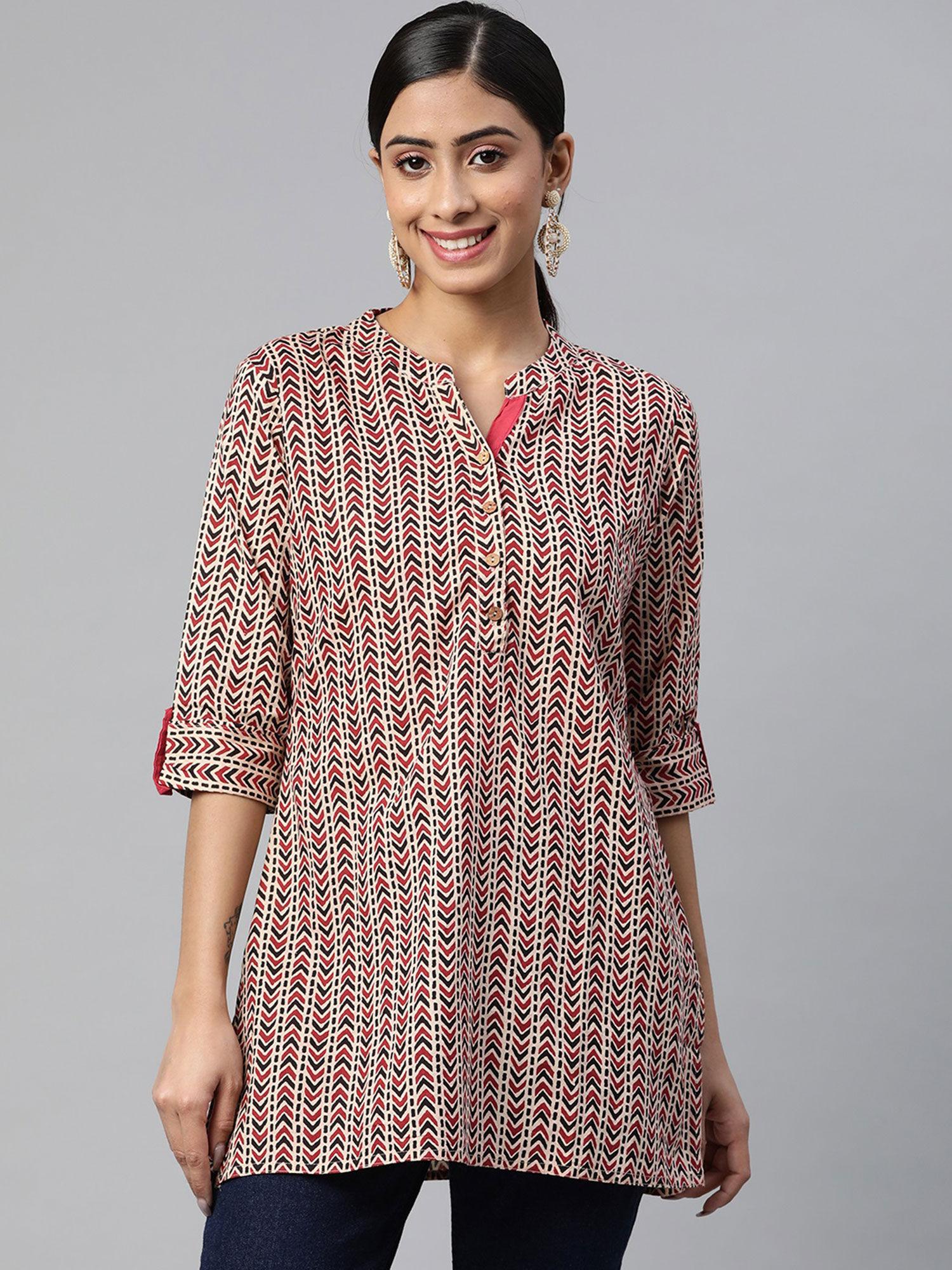 cotton cambric block print straight tunic beige