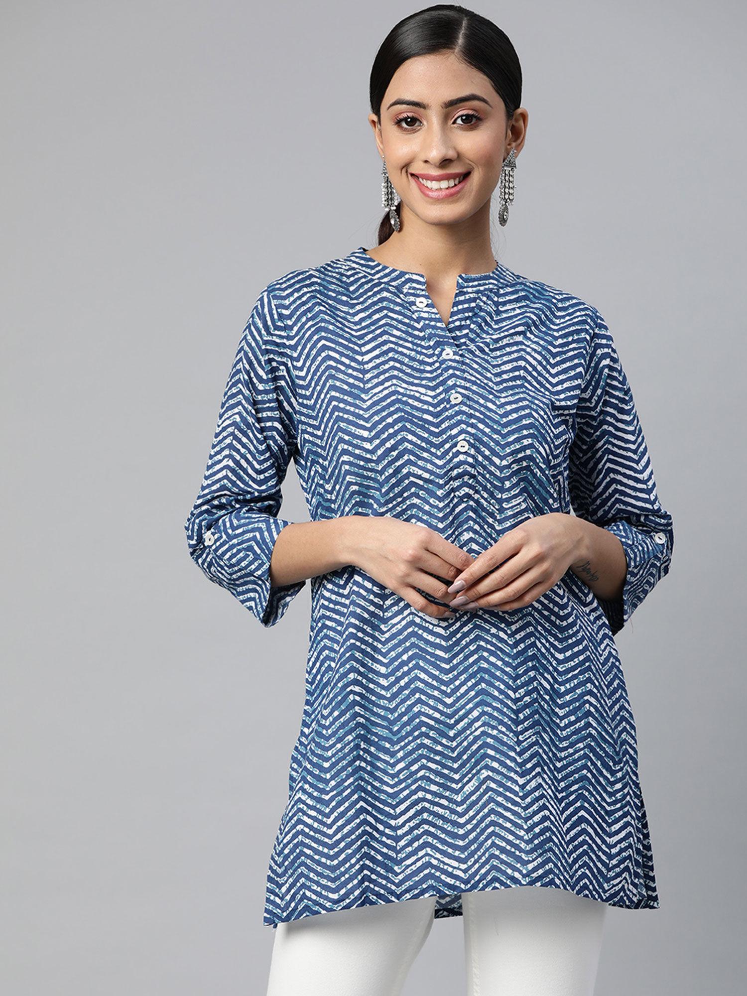 cotton cambric block print straight tunic blue