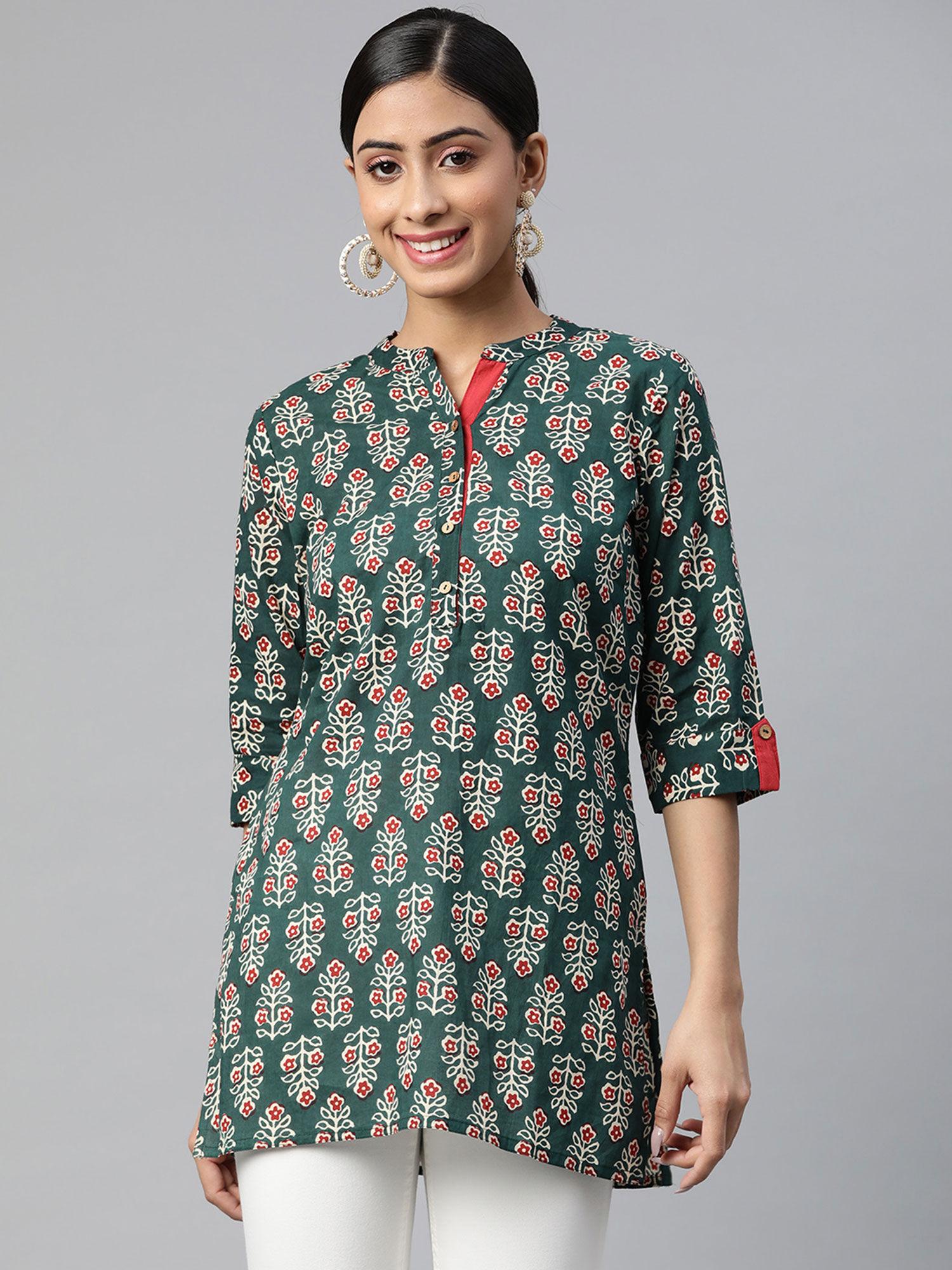 cotton cambric block print straight tunic bottle green