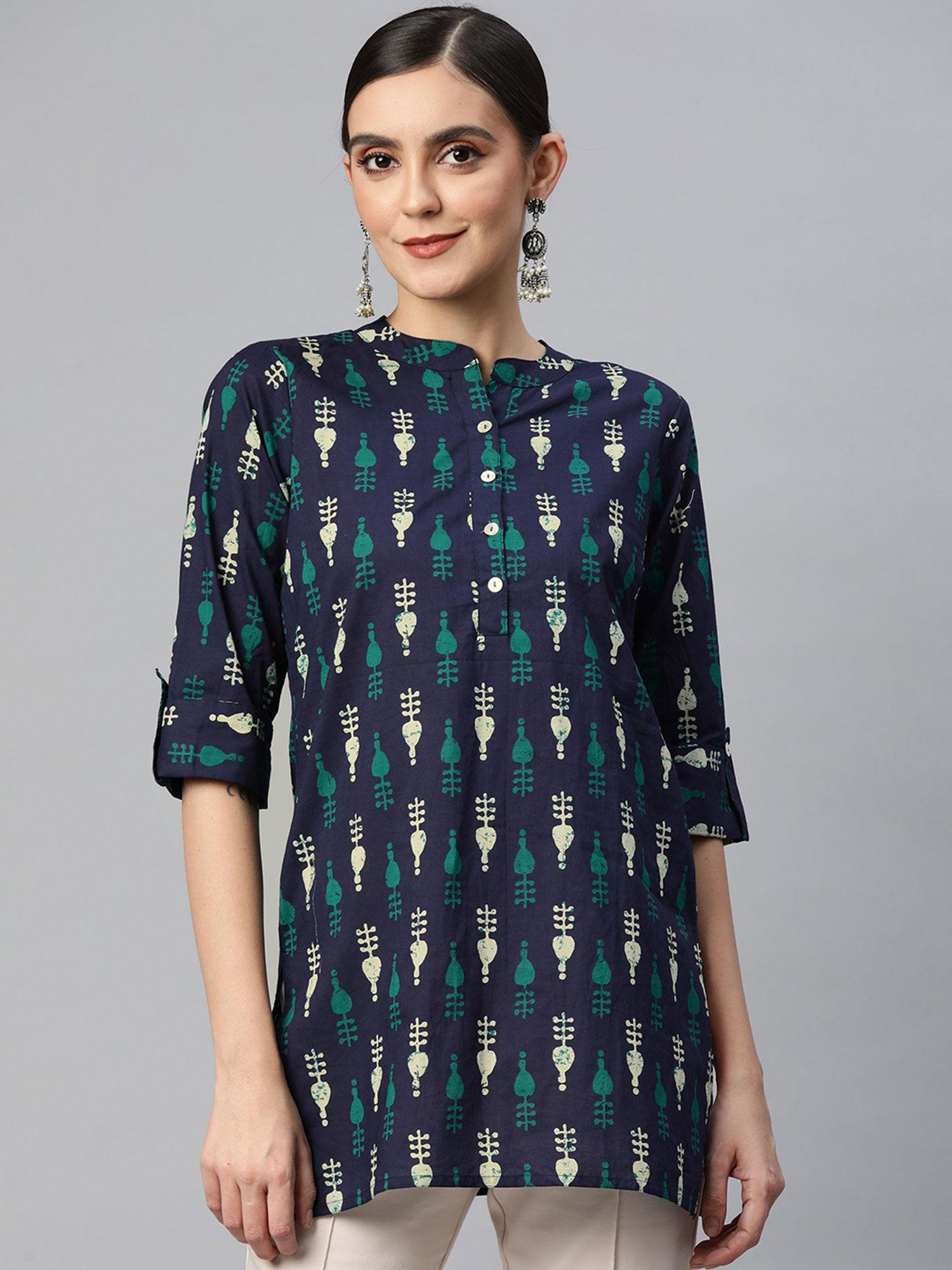 cotton cambric block print straight tunic dark blue