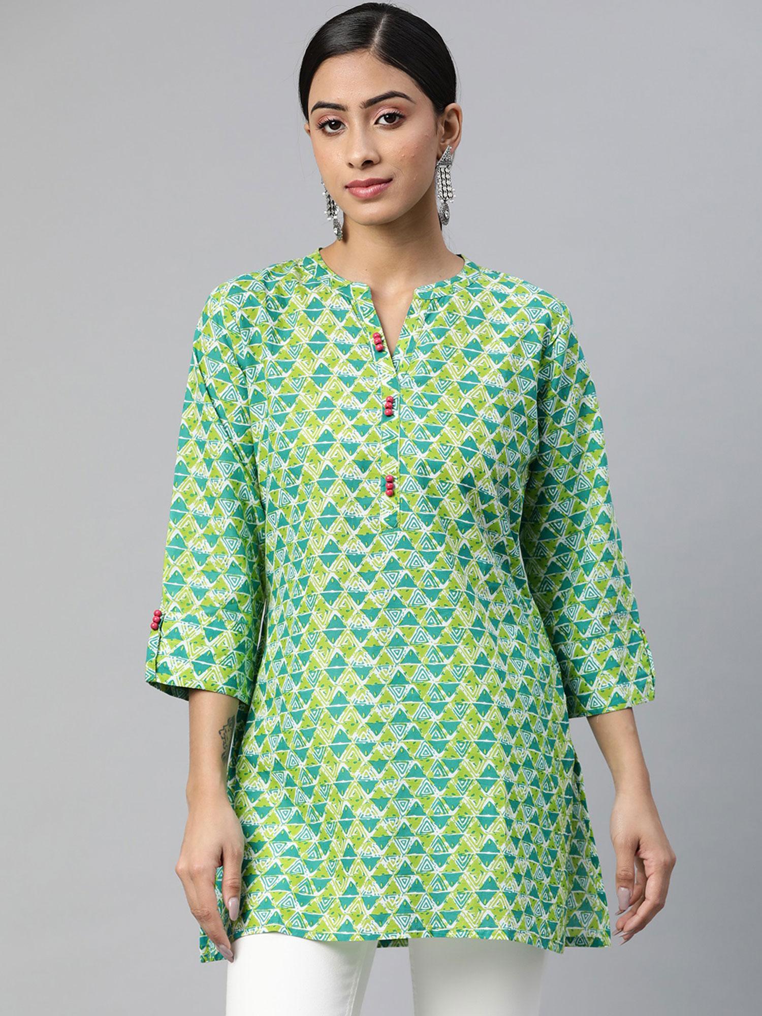 cotton cambric block print straight tunic green