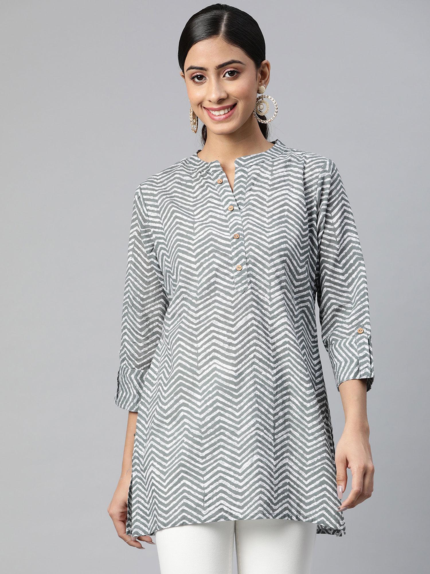 cotton cambric block print straight tunic grey