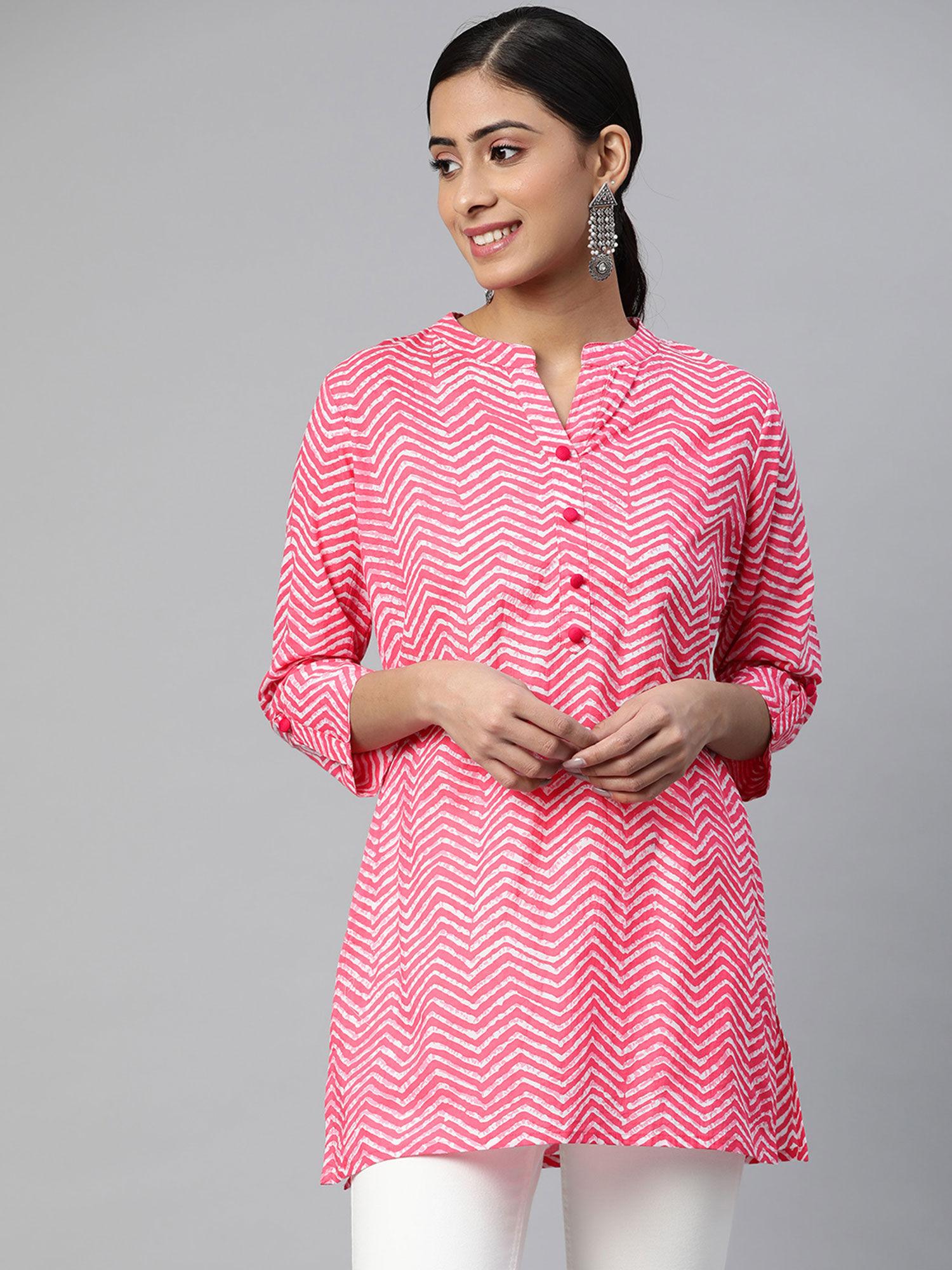 cotton cambric block print straight tunic pink