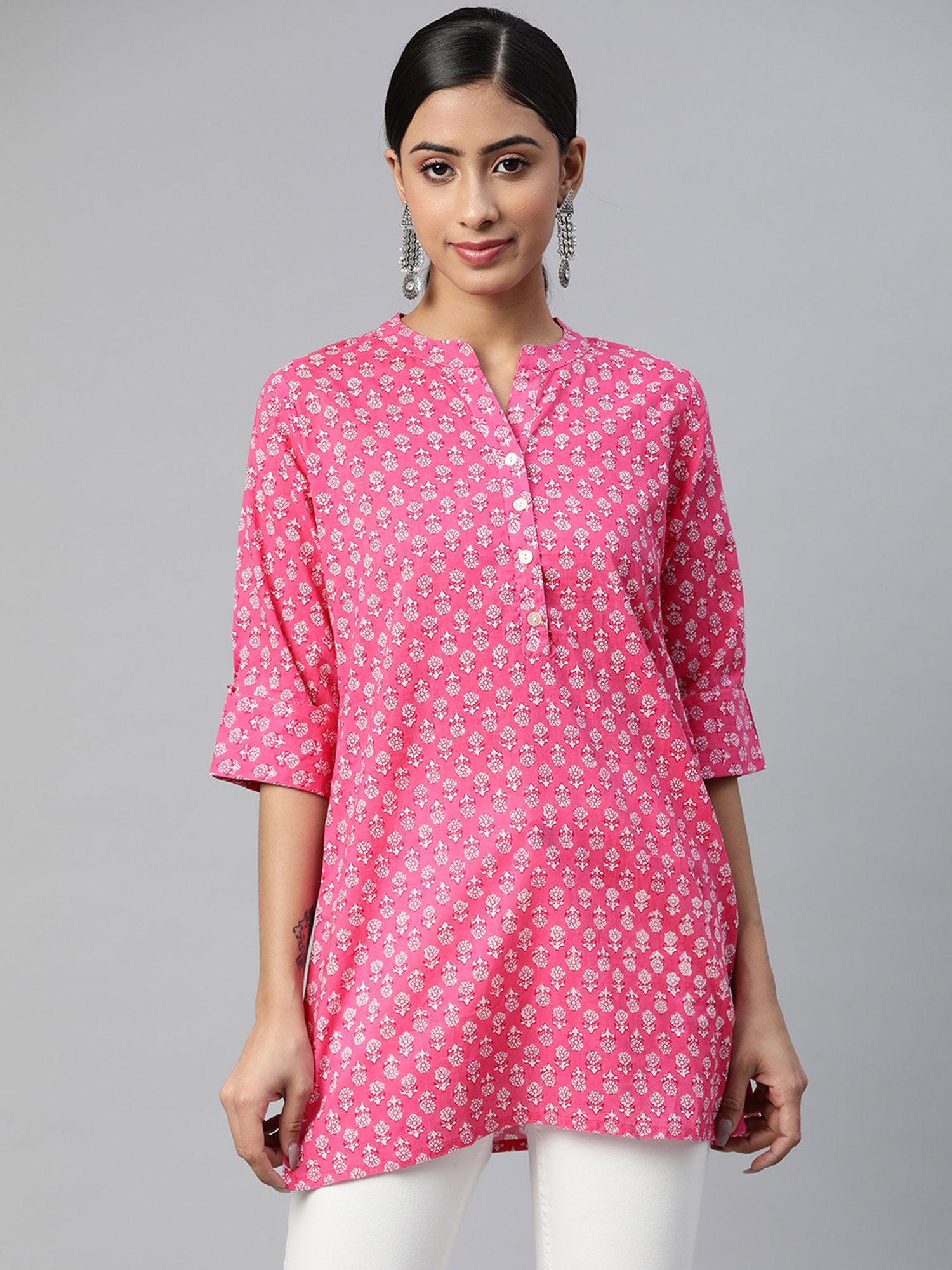 cotton cambric block print straight tunic pink