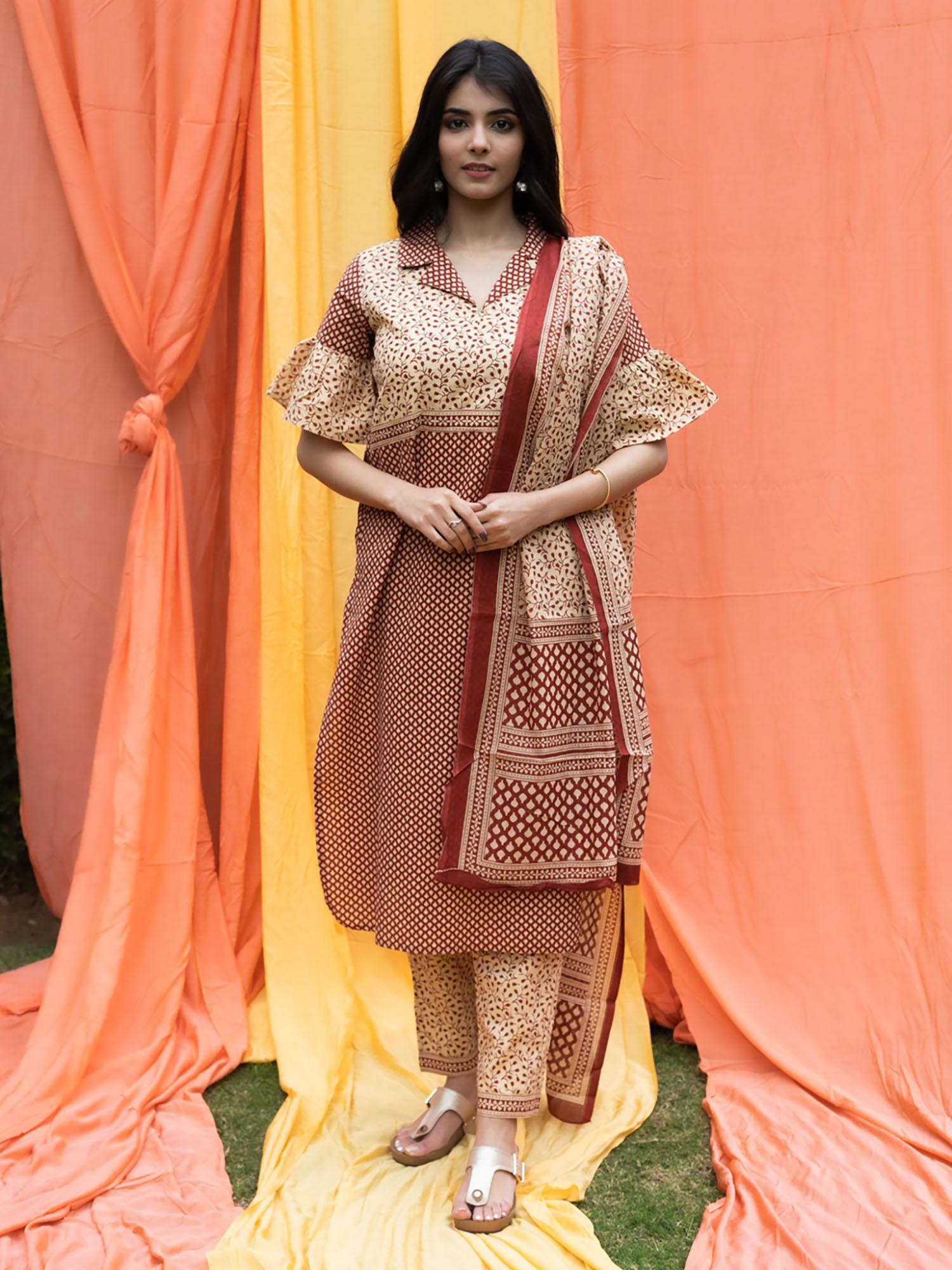cotton cambric buti printed straight kurta pants and dupatta set-beige (set of 3)