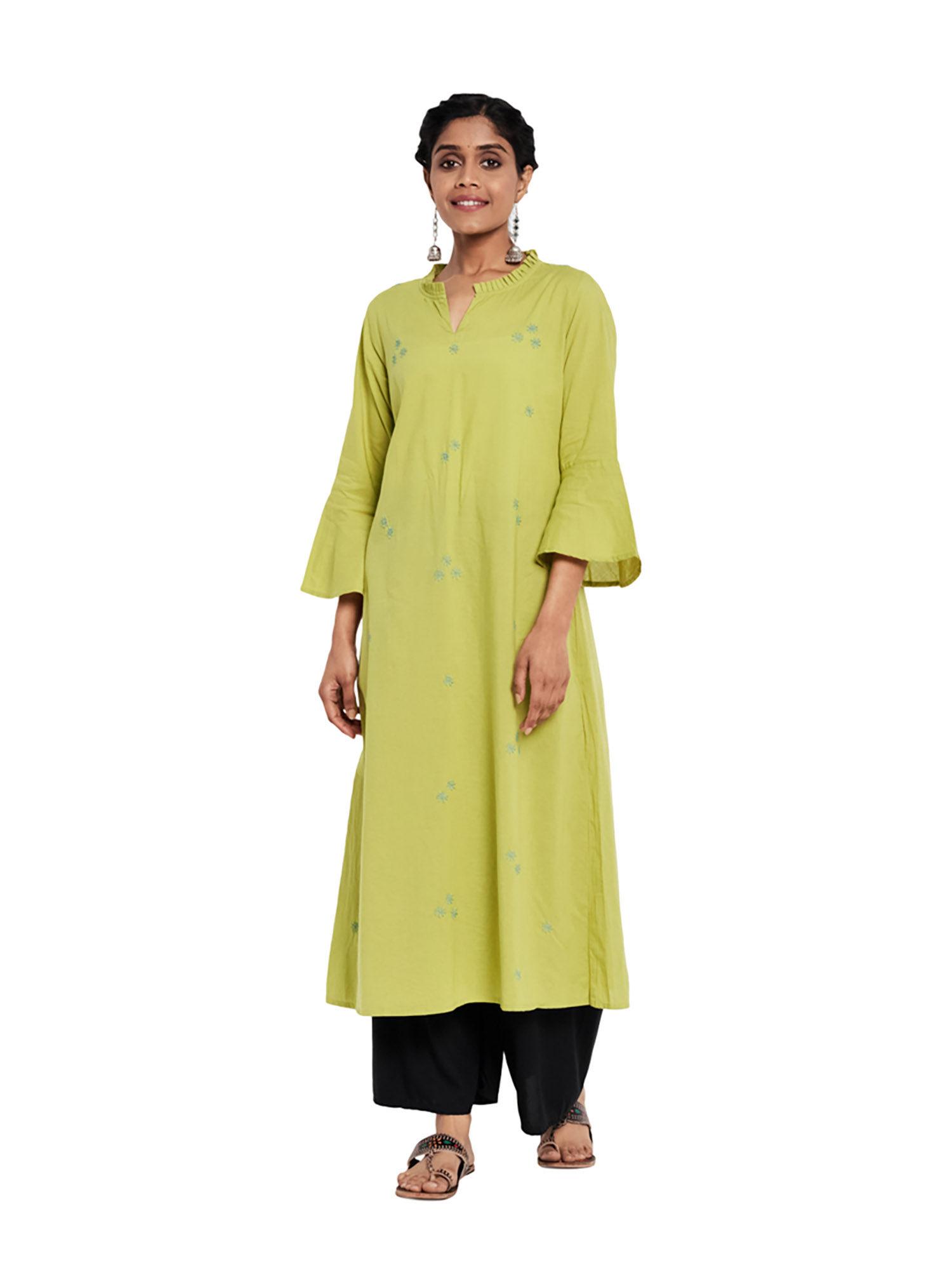 cotton cambric chikankari long kurta- green