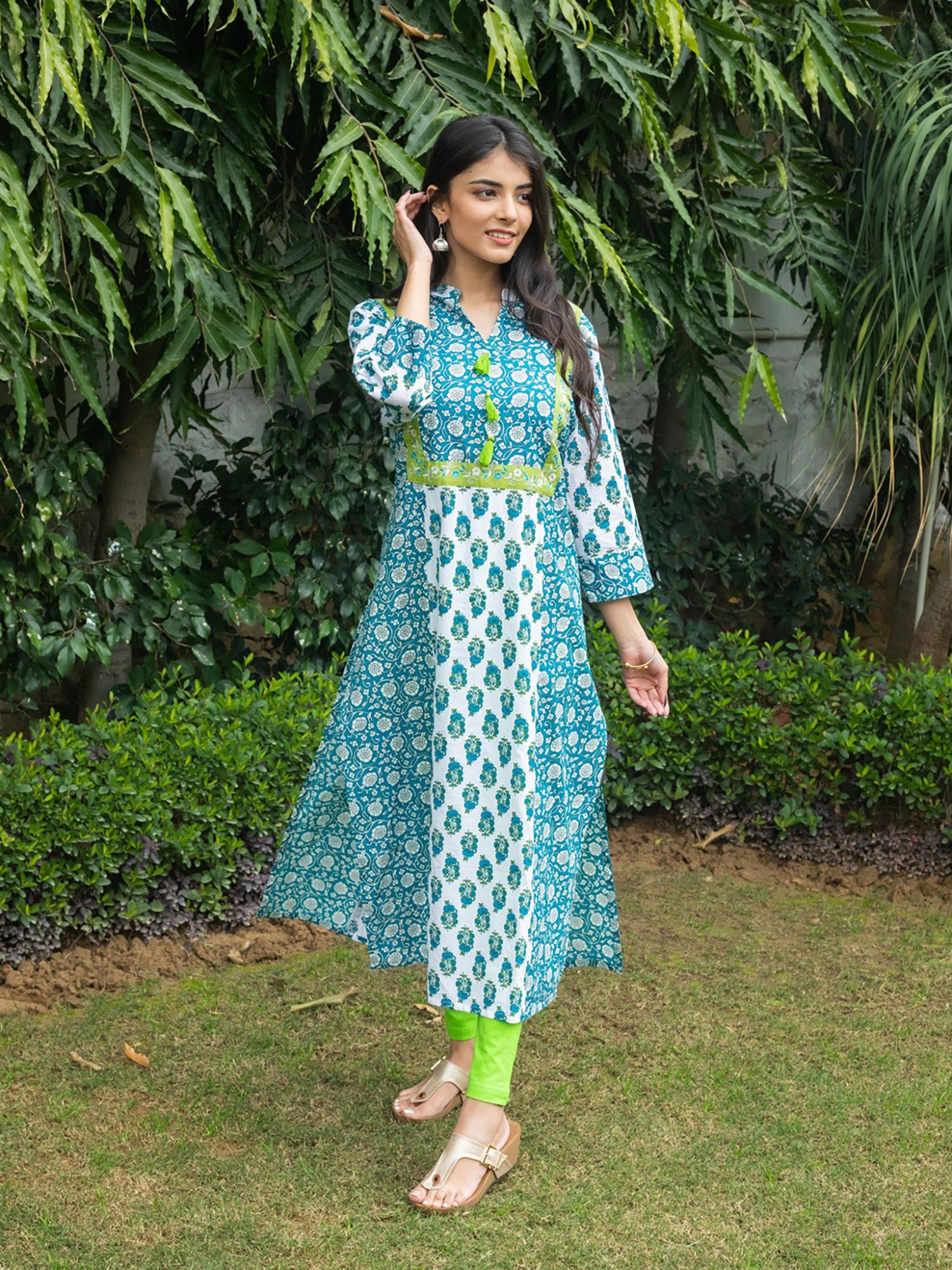 cotton cambric embroidered straight kurta-white and green