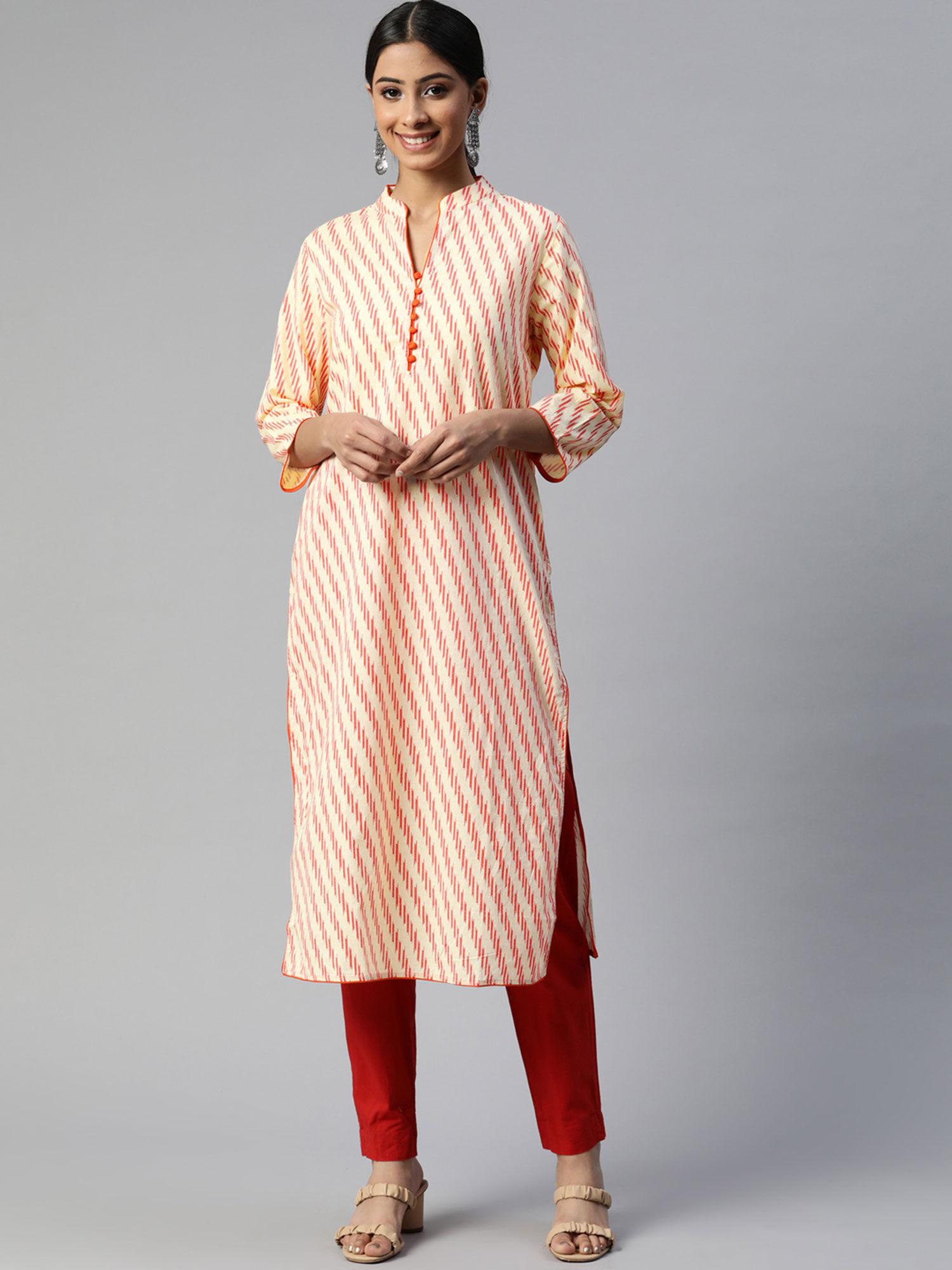 cotton cambric lehriya print straight kurta orange