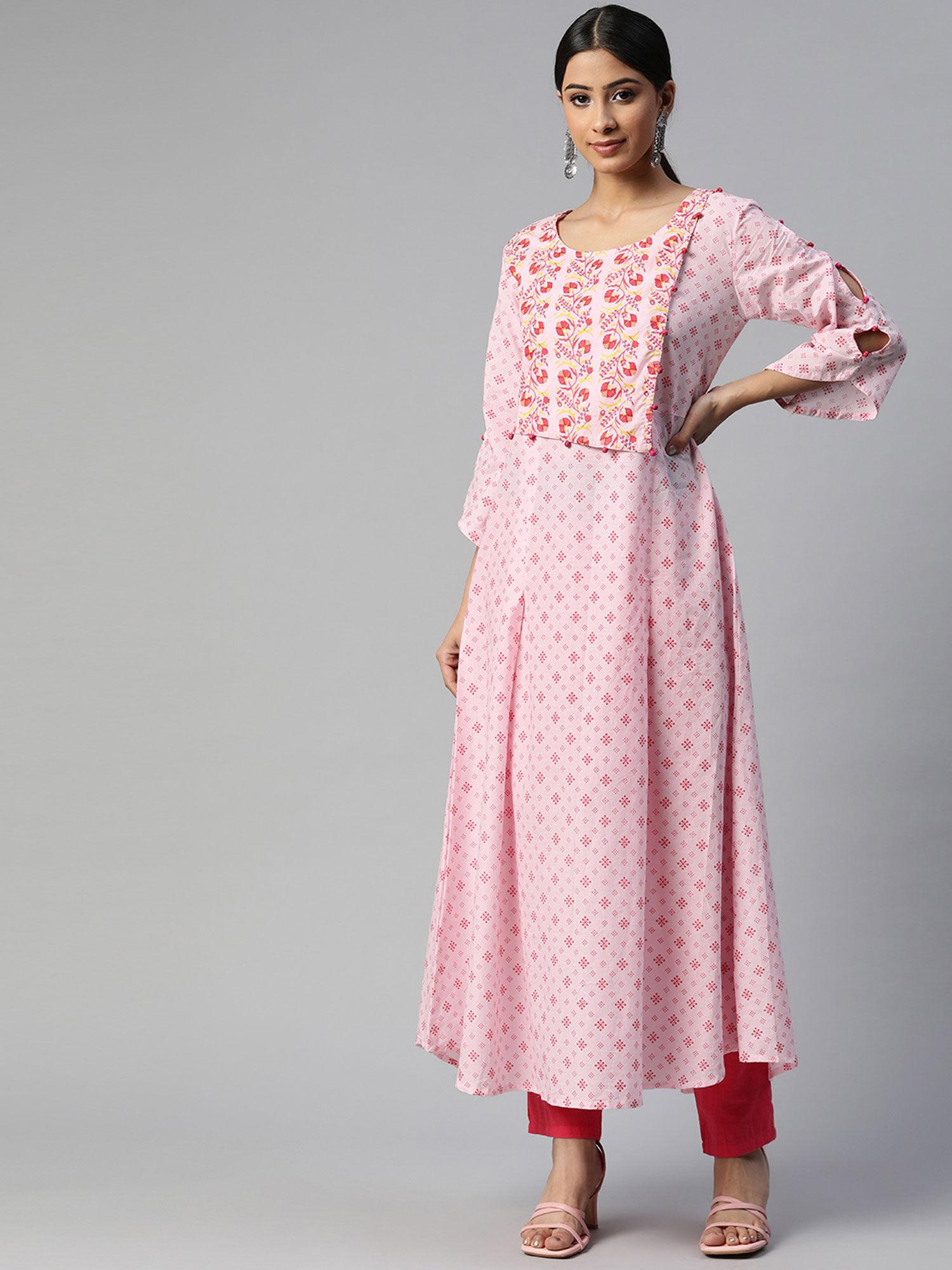 cotton cambric printed anarkali kurta light pink,red