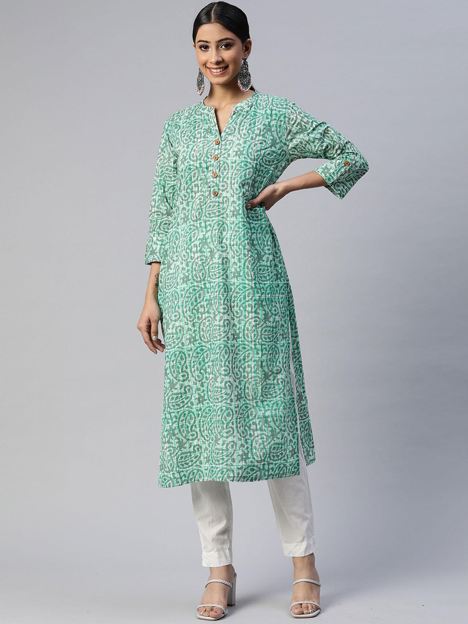 cotton cambric printed straight kurta green