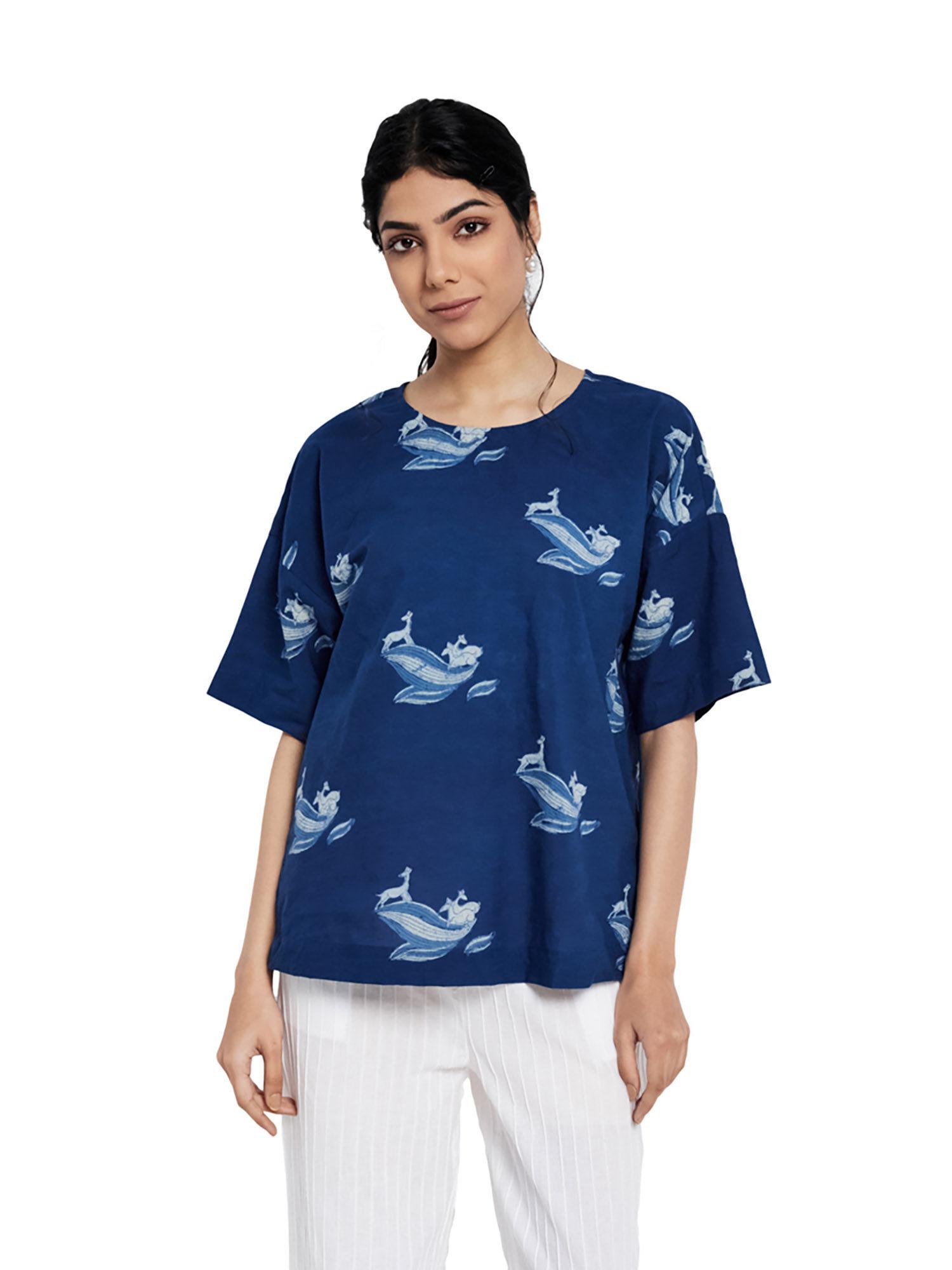 cotton cambric printed top- blue