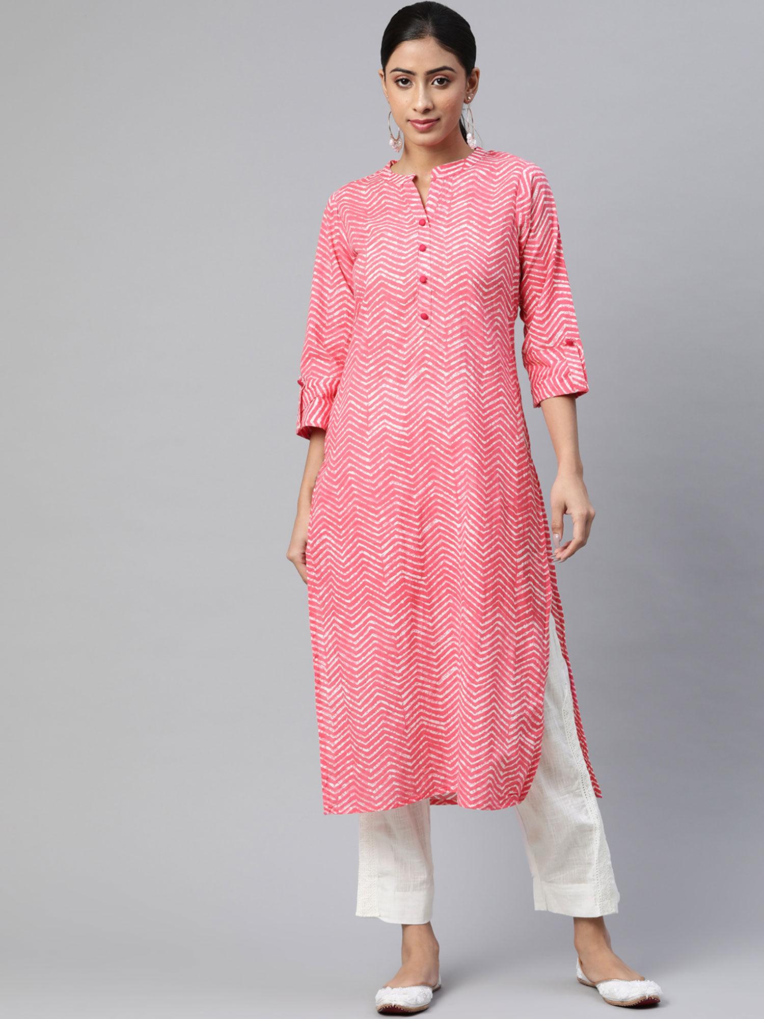 cotton cambric zig zag printed straight kurta and pant set pink (set of 2)