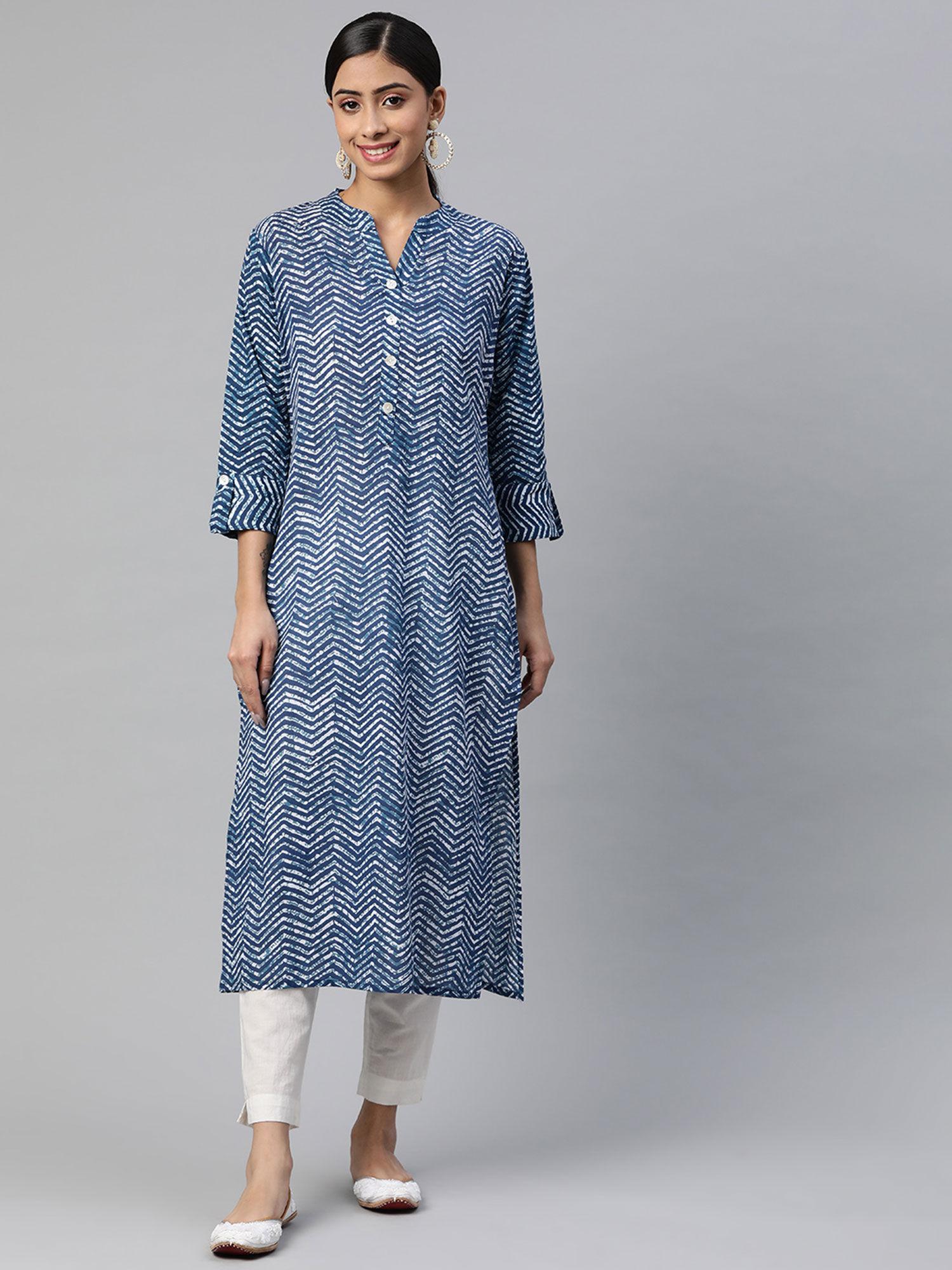 cotton cambric zig zag printed straight kurta blue