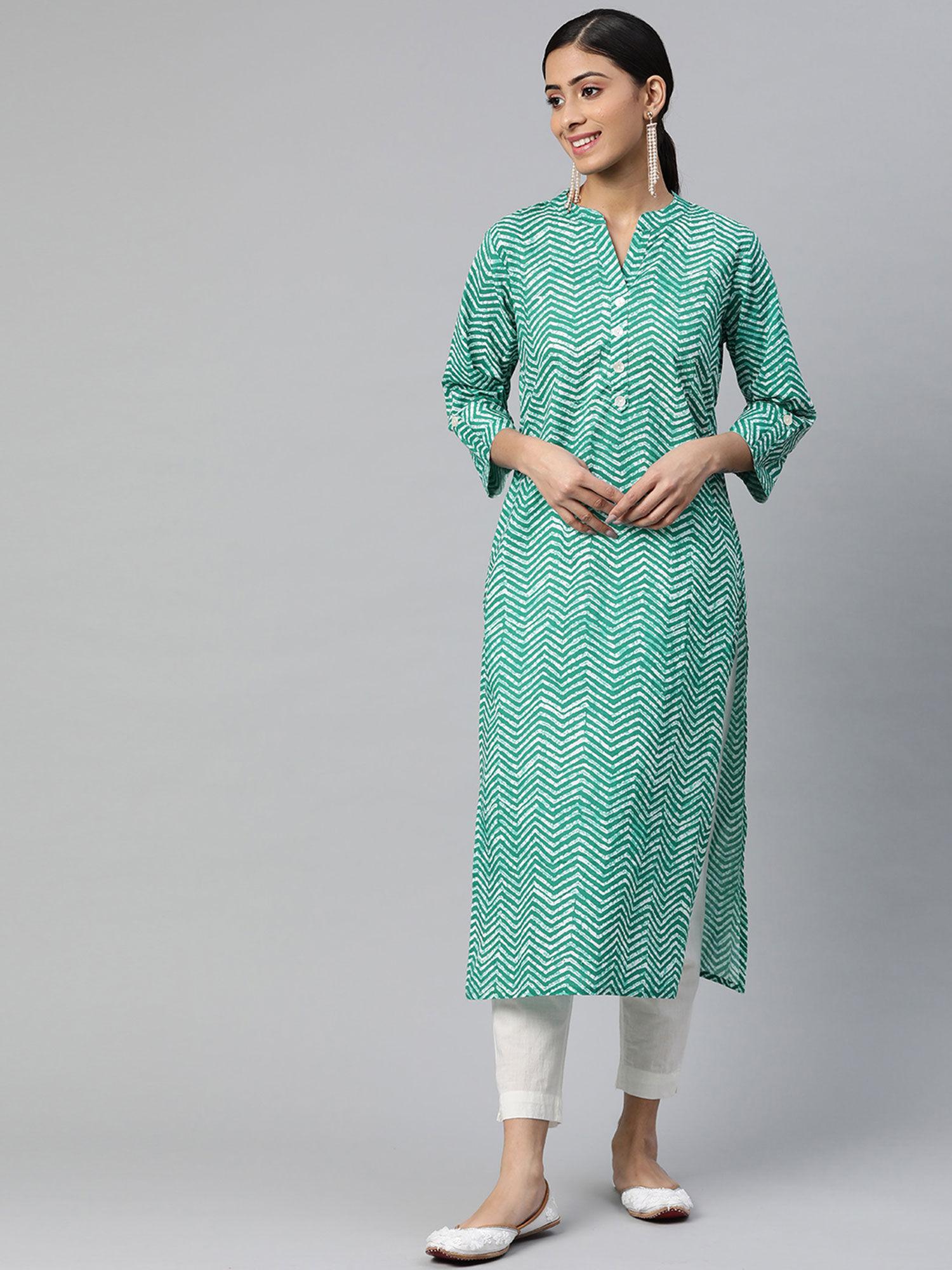 cotton cambric zig zag printed straight kurta green