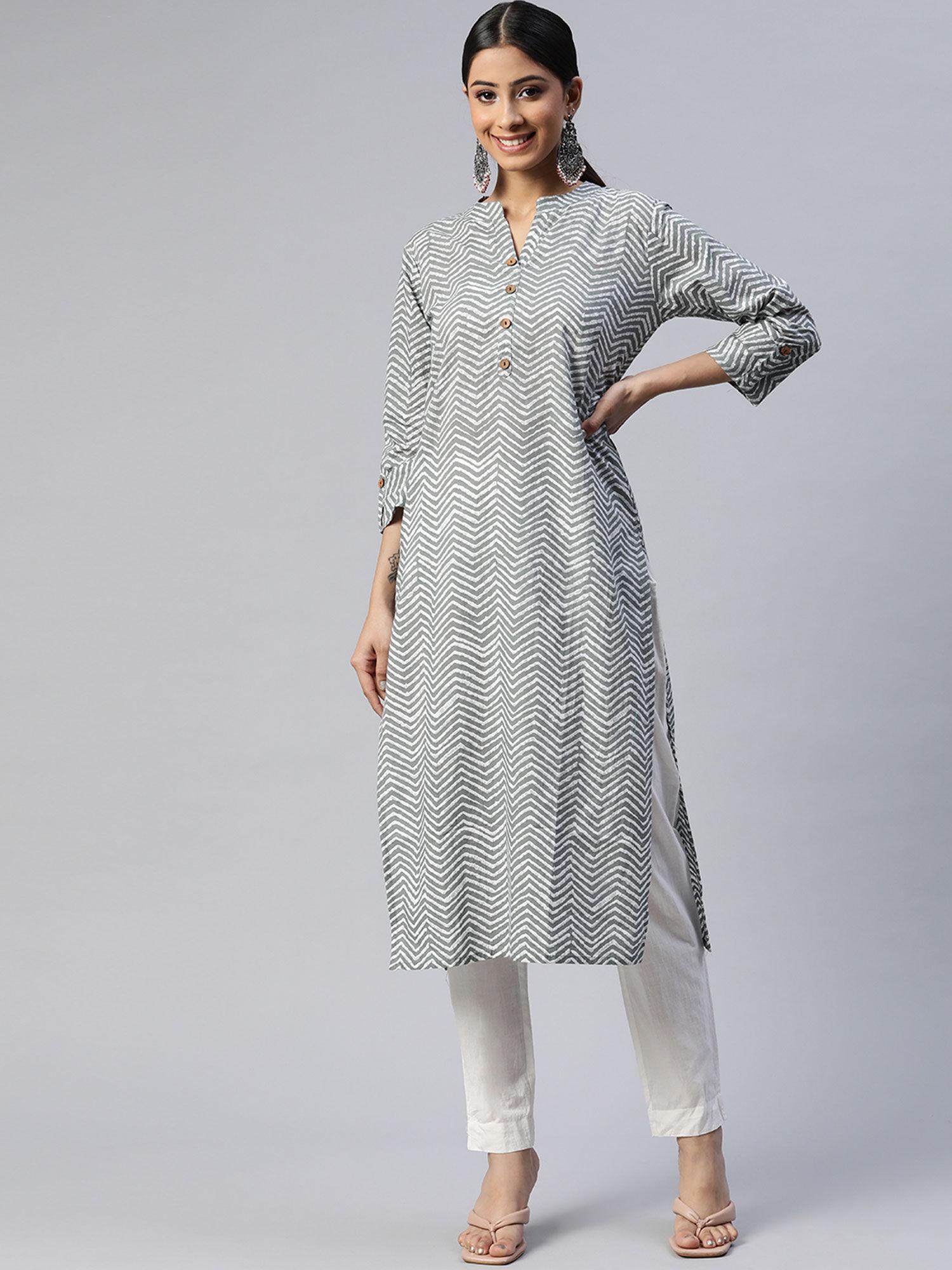 cotton cambric zig zag printed straight kurta khaki