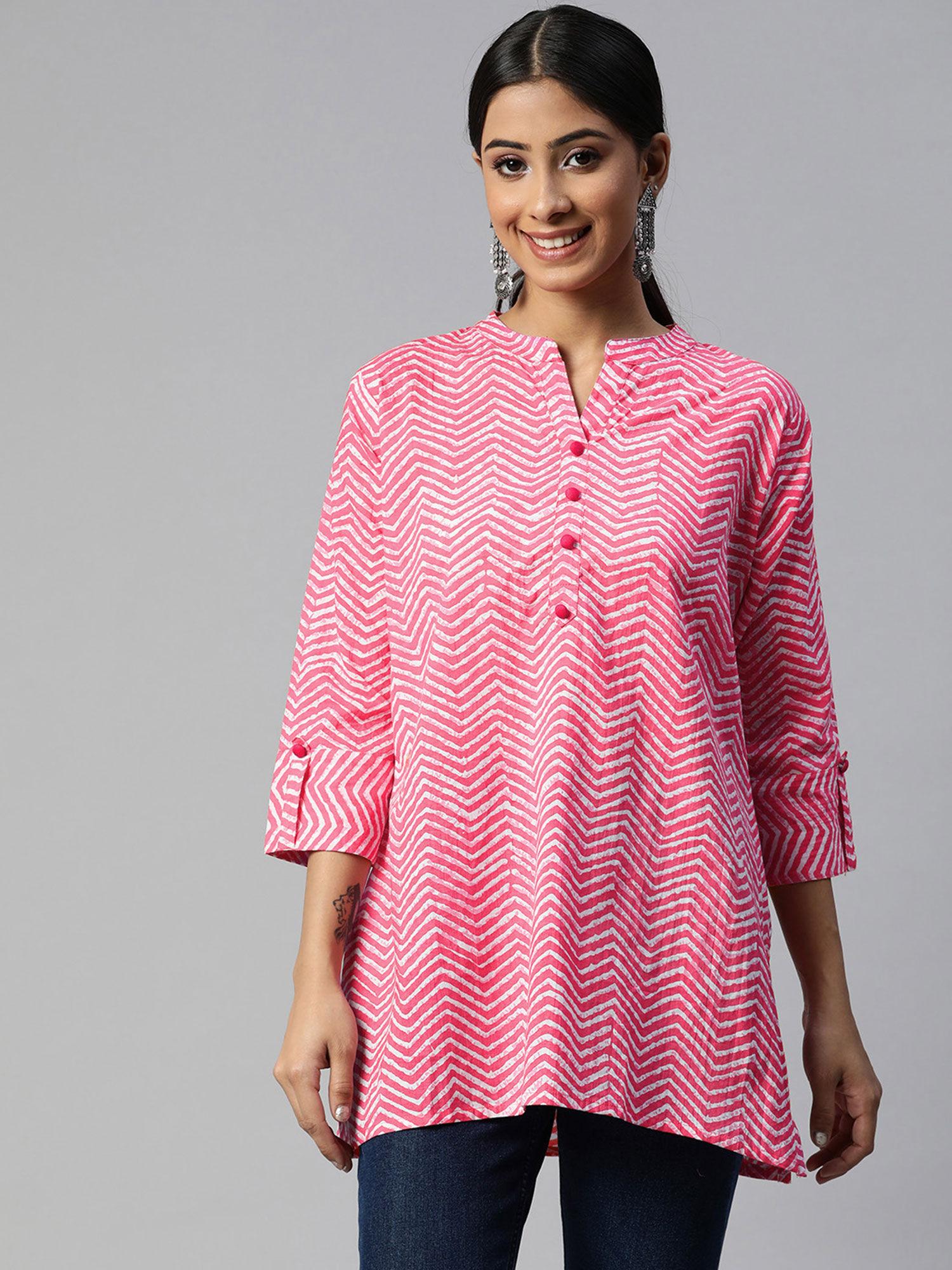 cotton cambric zig zag printed straight kurti pink