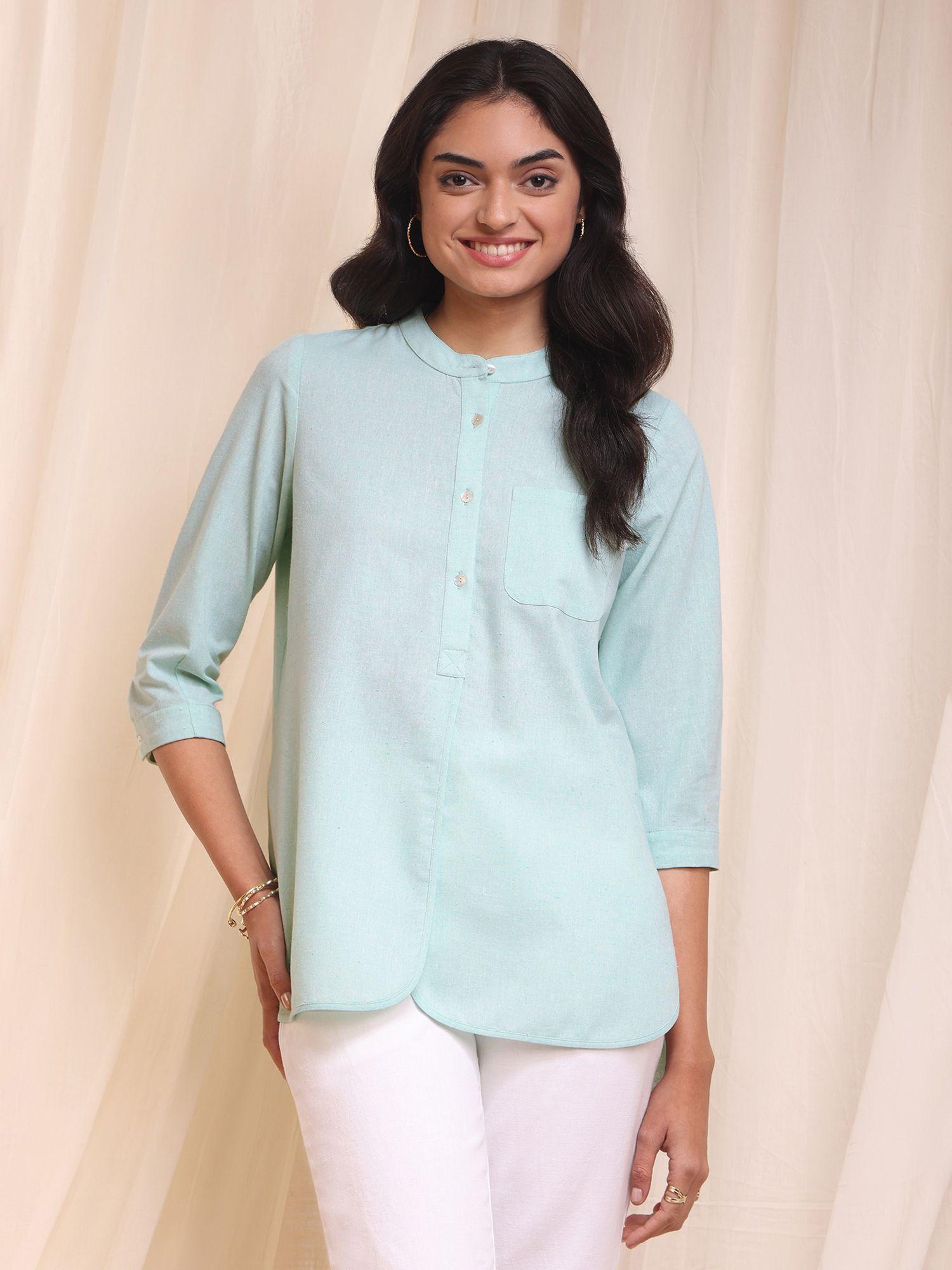 cotton chambray buttoned top - green