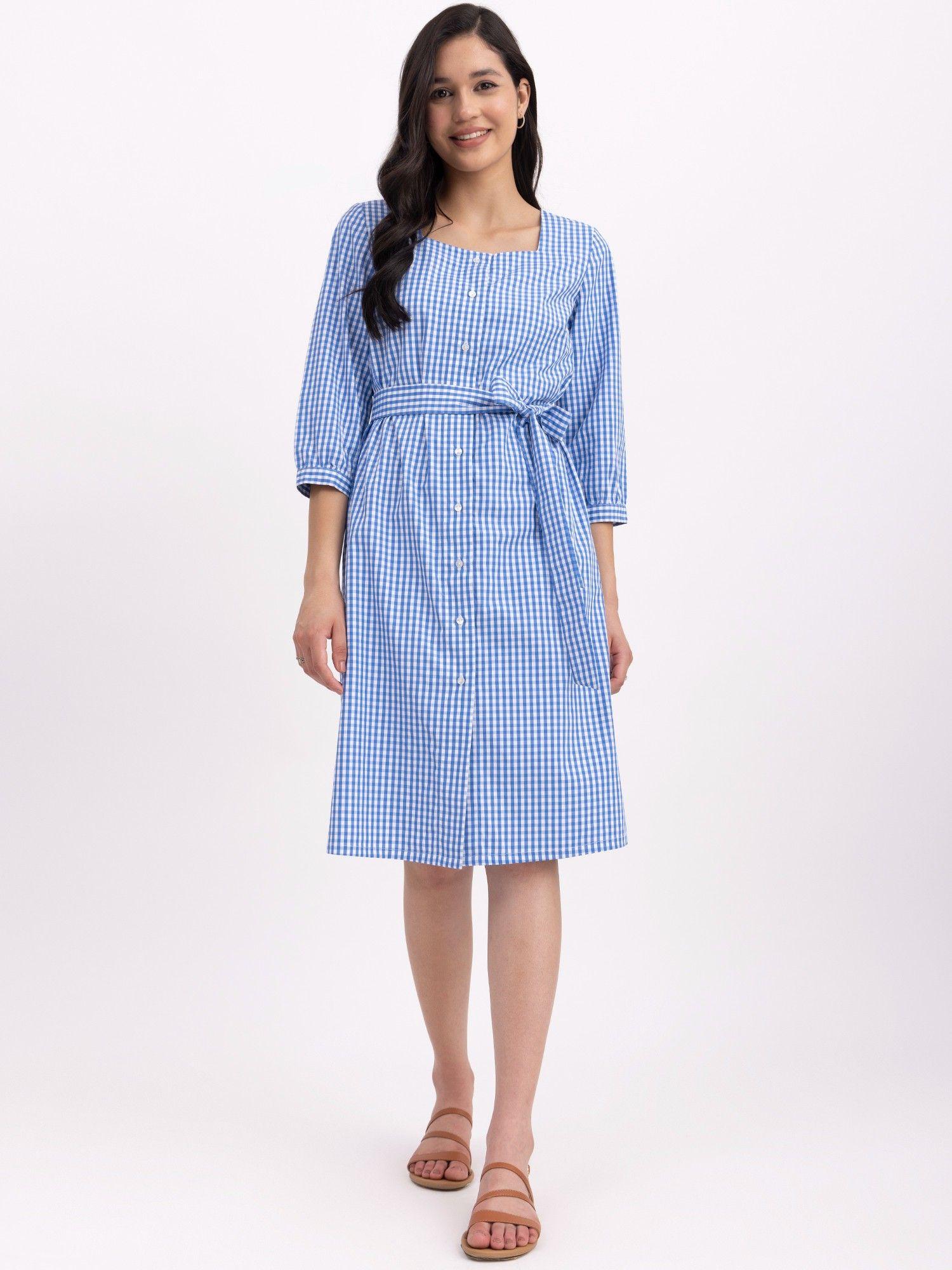 cotton checkered square neck dress - blue and white (set of 2)