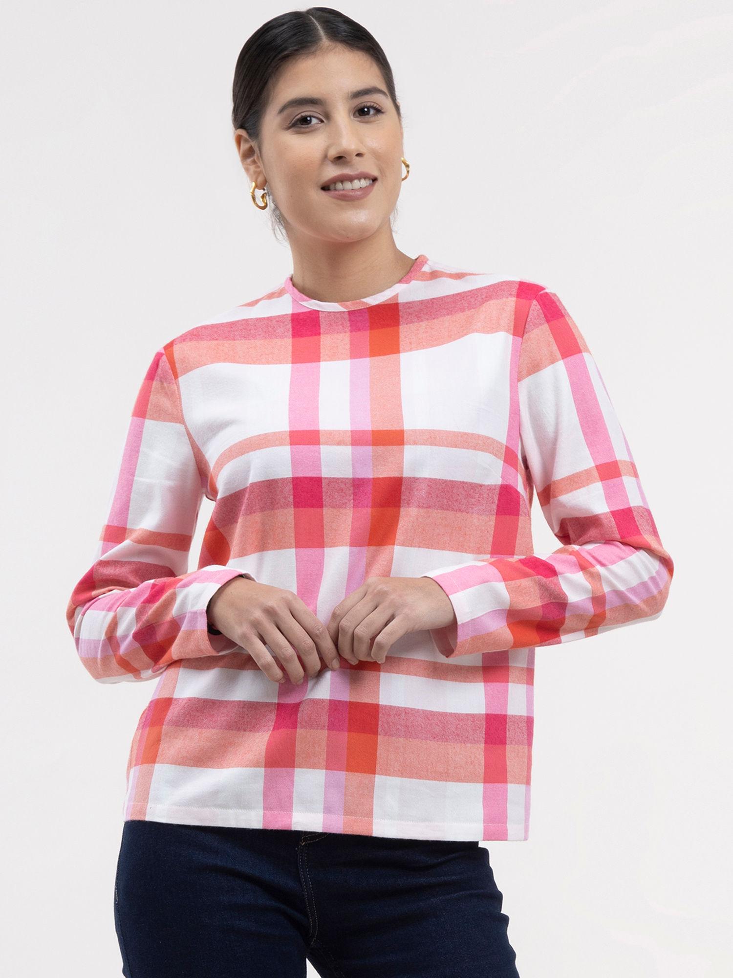 cotton checkered top-white and pink