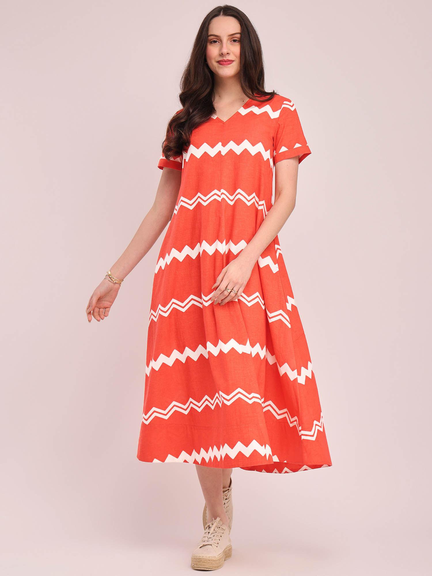 cotton chevron print dress - orange